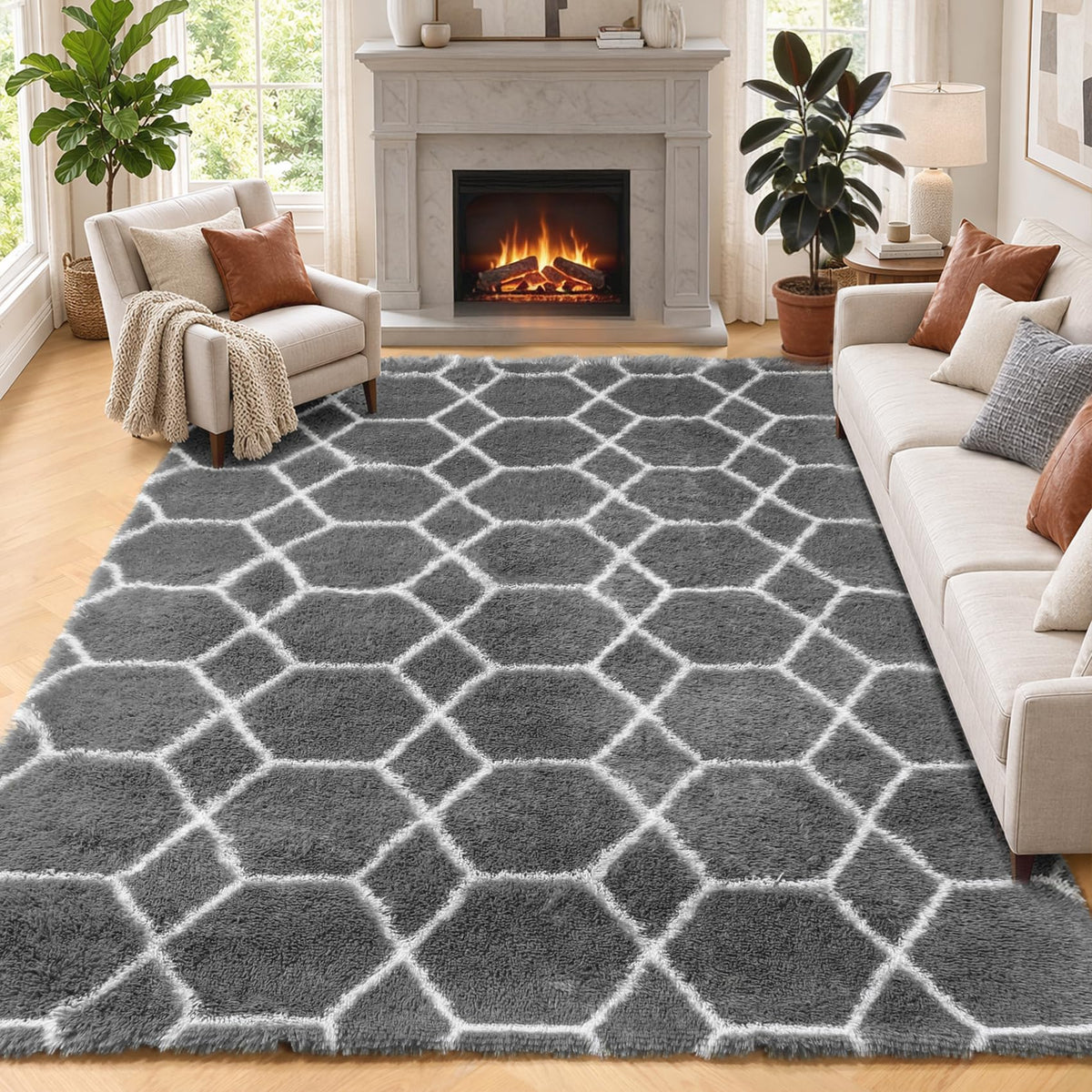 Area Rugs for Bedroom Living Room, 4x6 Fluffy Grey and Black Geometric Rug