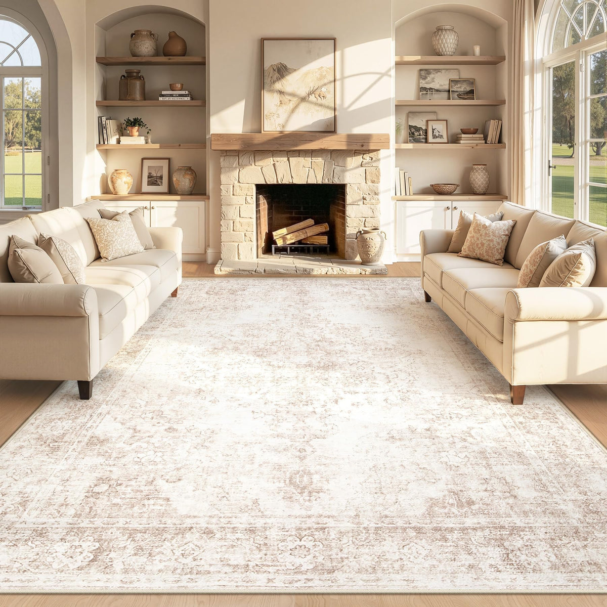 Area Rug 5x7 Vintage Rug: Washable Indoor Medallion Rugs Low Pile Distressed Floor Carpet Retro Accent Rug for Living Room Bedroom Kitchen Dining Table Home Office(Beige, 5'x7')