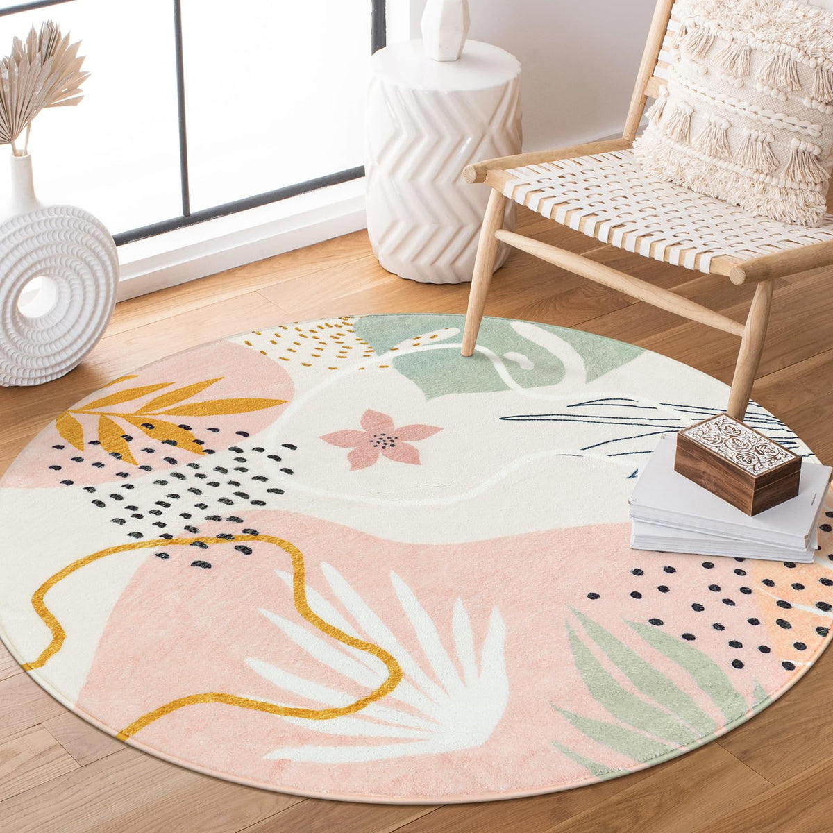 Lahome Pink Boho Nursery Rug 4x6, Washable Non Slip Soft Botanical Area Rug for Girls Bedroom Kids Room Playroom Dorm Apartment Decor