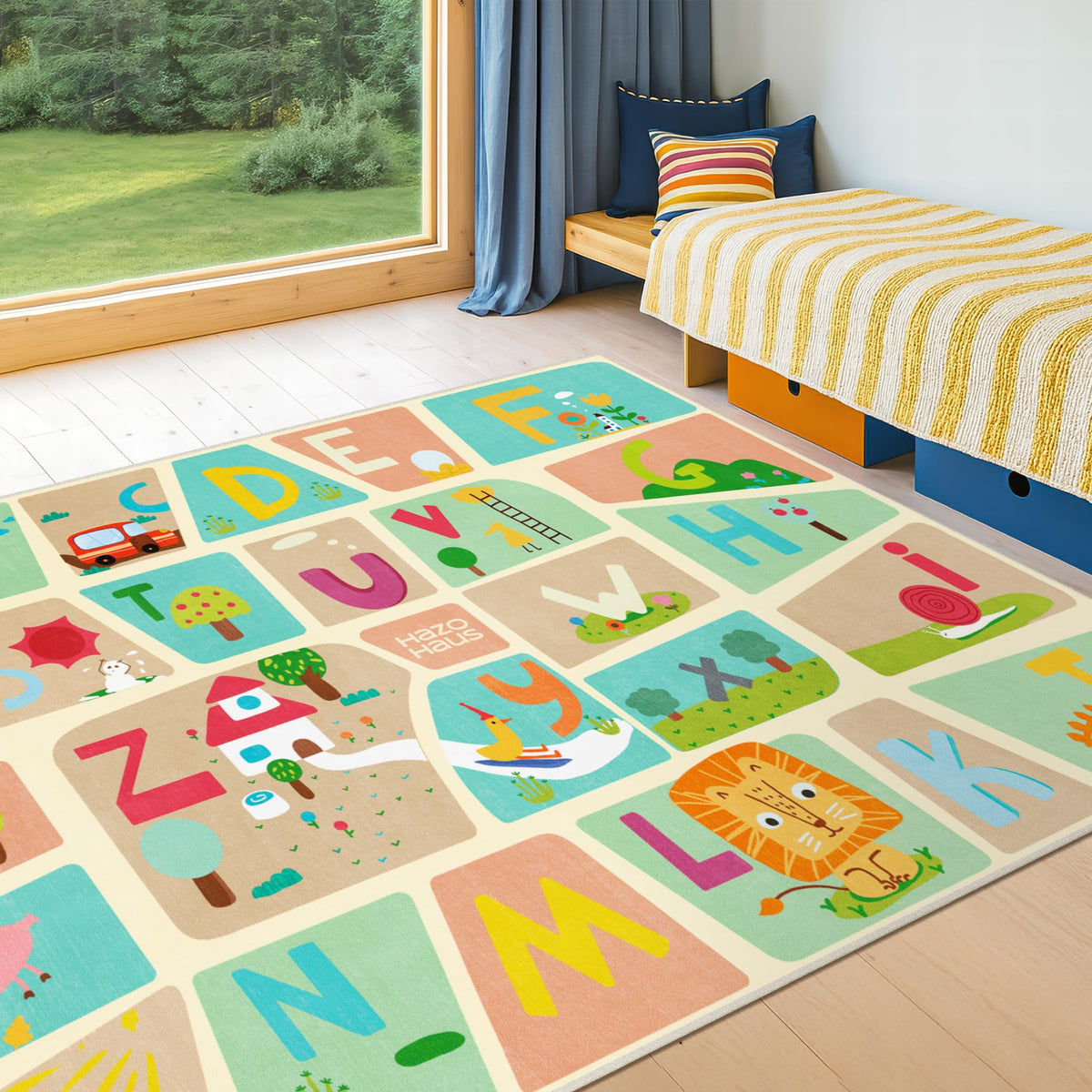 Hazo Haus Washable Kids Playroom Rug – 5x7 Play Rug for Preschool Toddlers, Girls, Educational with Cute Animals – Non-Slip, Stain Resistant, Soft & Safe for Bedroom, Play Room and Classroom - Blue