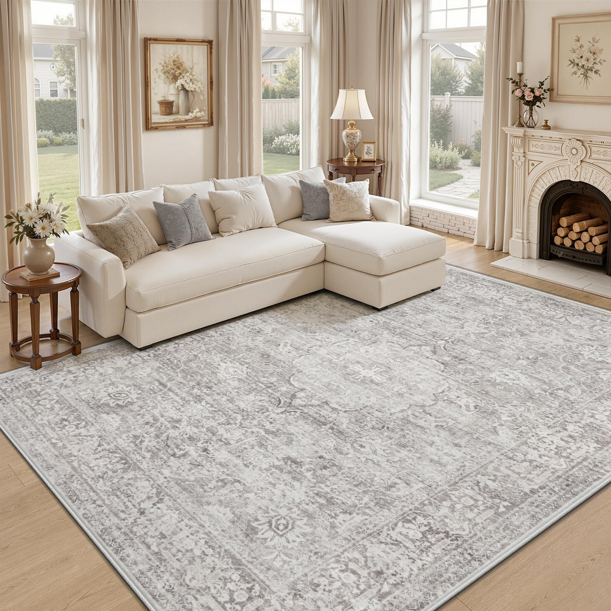 5x7 Area Rugs for Living Room: Washable Boho Vintage Floral Rug Soft Non-Slip Rugs Stain Resistant Low Pile Indoor Carpet for Bedroom Dining Room Nursery Playroom Beige