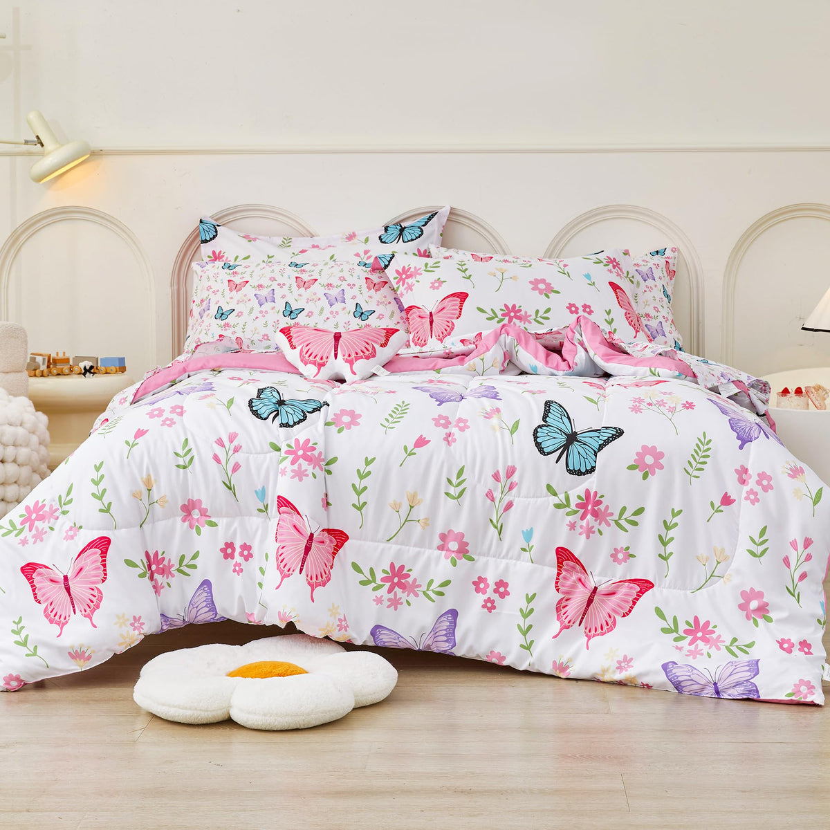Mooreeke Full Size Comforter Sets for Girls Kids, 8 Pieces Bed in a Bag Pink Heart Bedding Comforter Sheet Set with Shams and Decorative Toy Pillow, Ultral Soft Microfiber Kids Bed Set