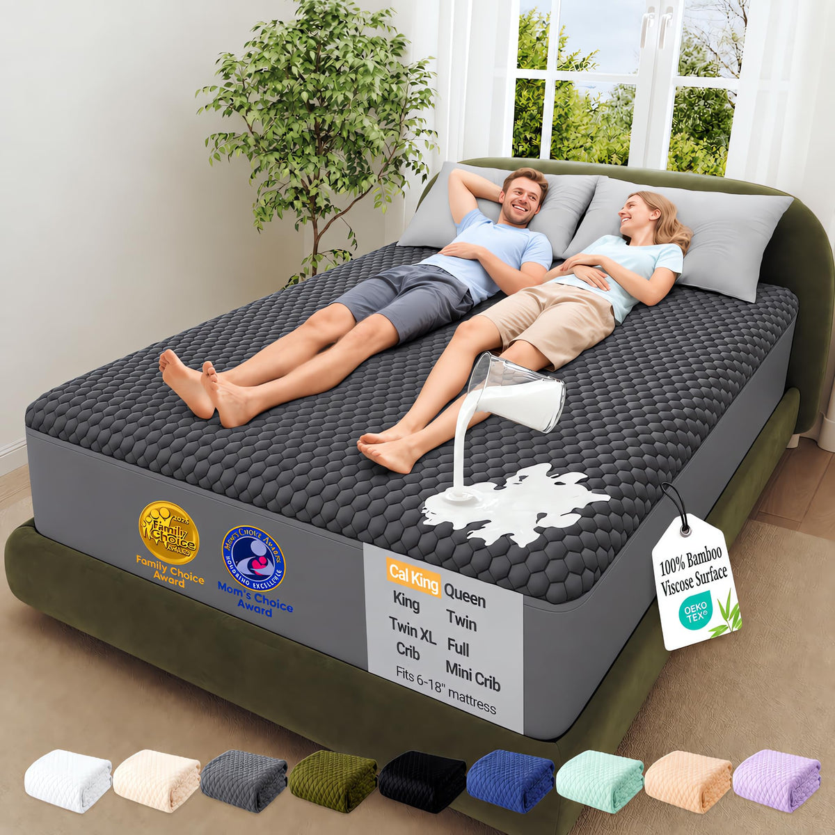 OhGeni Waterproof Mattress Protector,Twin Size Soft Bamboo Viscose Top Layer Pad,3D-Air Fabric Cooling Breathable Fitted Sheets, Washable Bed Cover for Kids Toddler Bedwetting Over 99 Count Hex Bumps