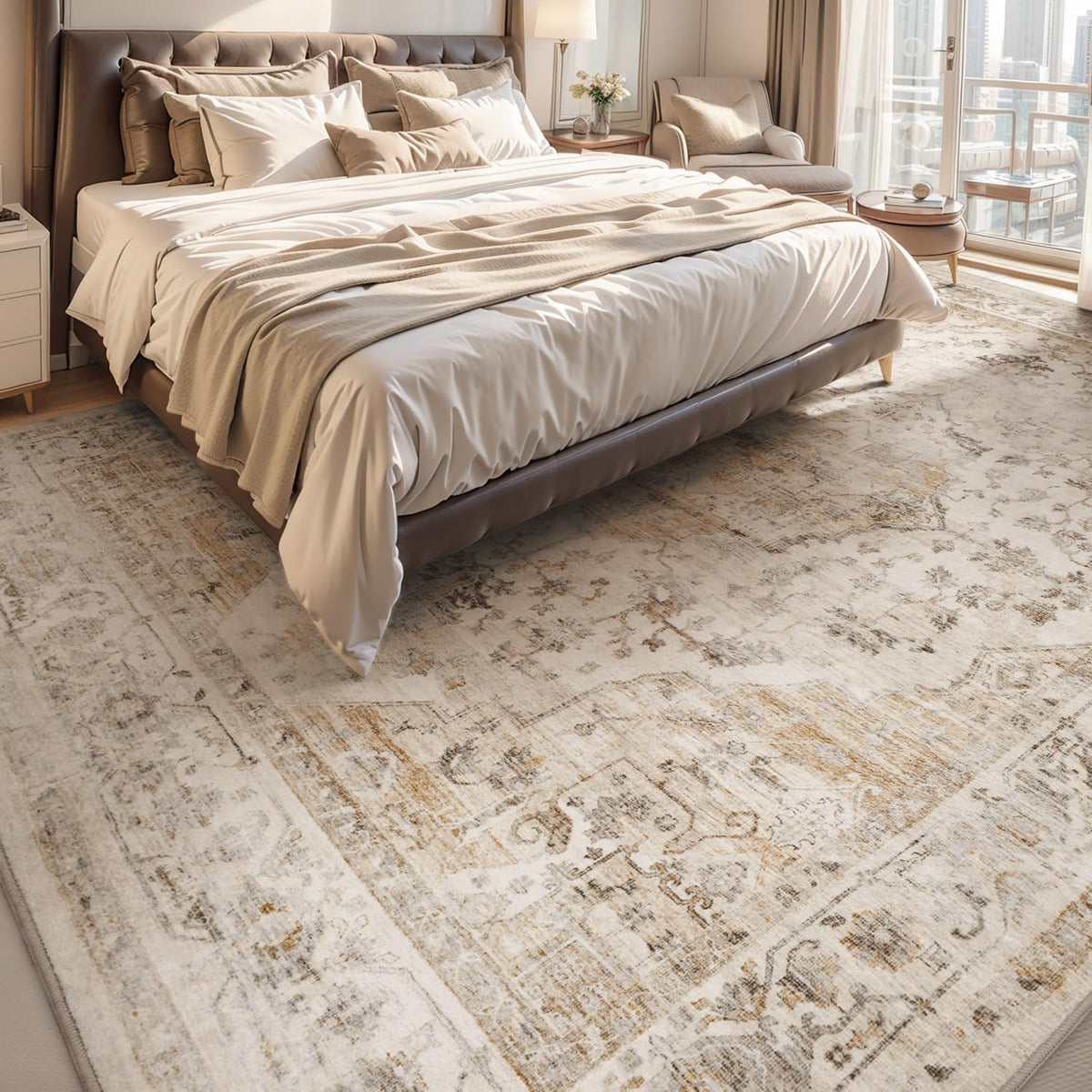 AMOAMI-Area Rug 5X7 Rugs for Living Room-Vintage Soft Beige Rugs for Bedroom-Non Slip Carpet-Machine Washable Rug for Dining Room Living Room Bedroom Office Under Table-Beige