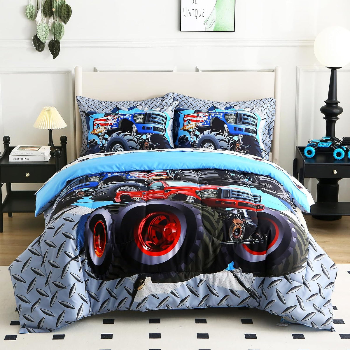 lasoftan Kids' Monster Truck Bedding Set, 7-Piece Soft Fluffy Bed-in-a-Bag with Comforter, Fitted Sheet, Flat Sheet, Pillowcase, Pillow Sham, Deep Pocket 15", All-Season, Monster Jam, Full