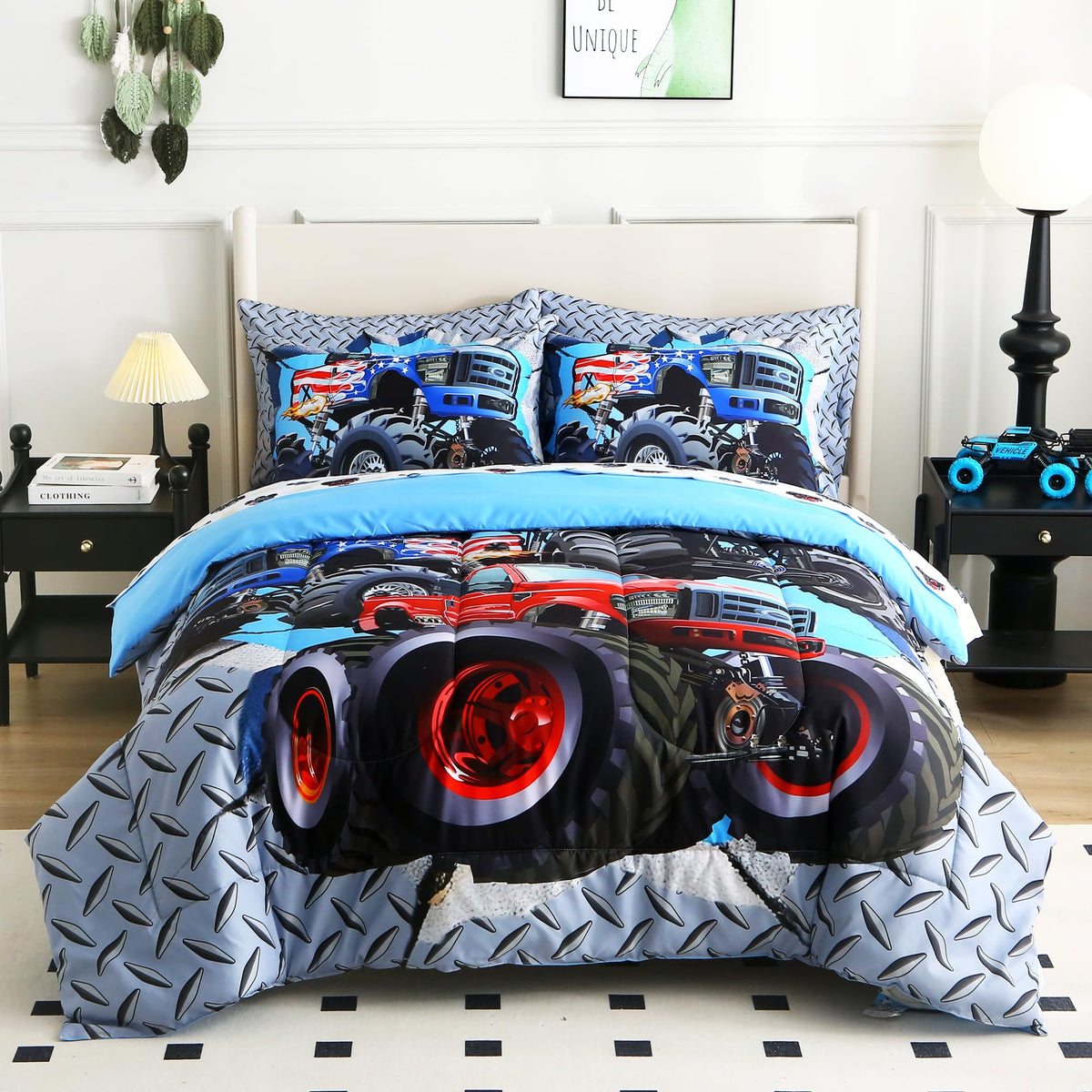 lasoftan Kids' Monster Truck Bedding Set, 7-Piece Soft Fluffy Bed-in-a-Bag with Comforter, Fitted Sheet, Flat Sheet, Pillowcase, Pillow Sham, Deep Pocket 15", All-Season, Monster Jam, Full