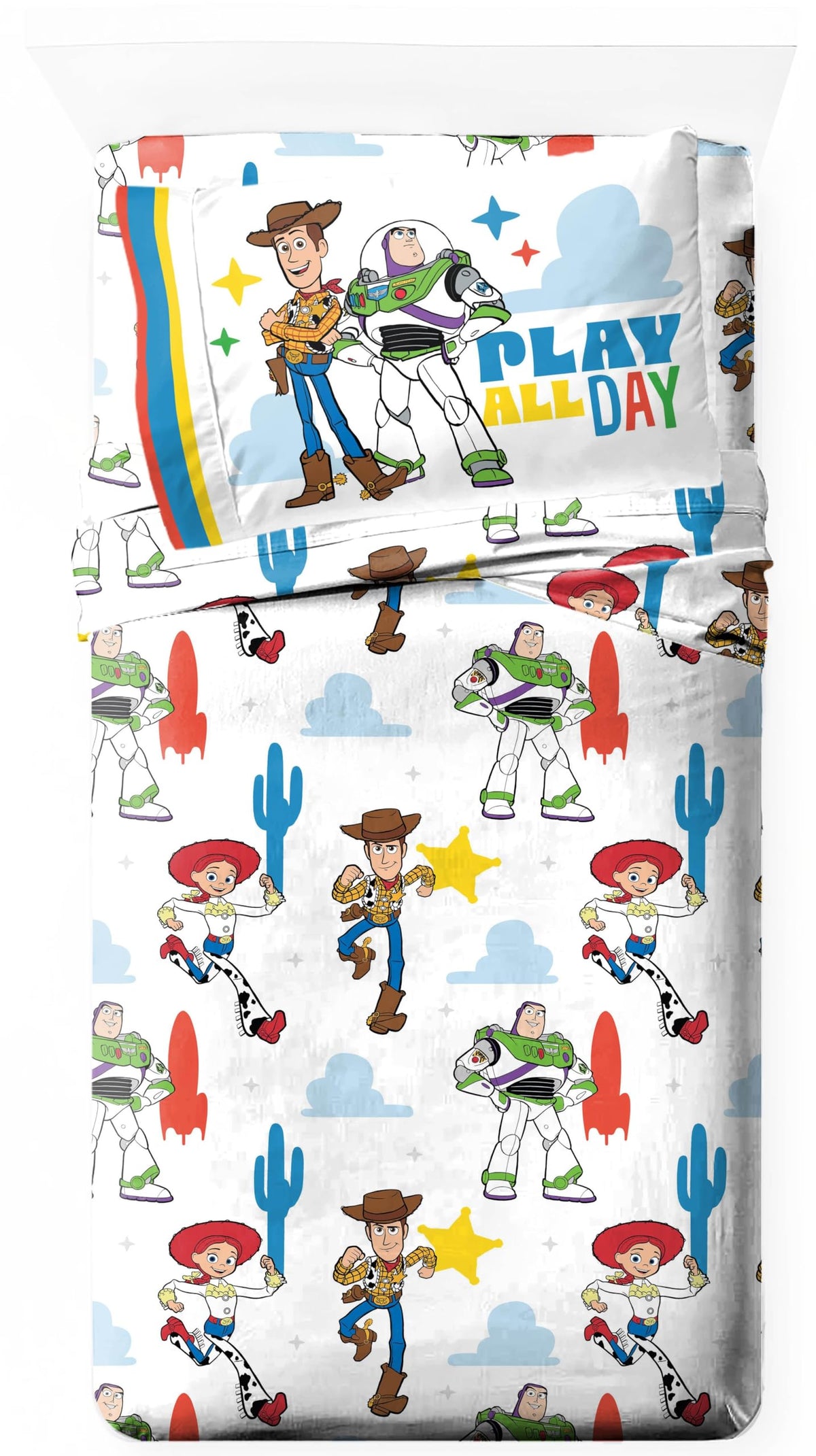 Jay Franco Kids Sheet Cartoon Set with Fitted, Flat Sheets & Pillow Cover - Ultra-Soft Bedding with Pillowcase for Room Decor, White - Toy Story, 4 Piece Queen