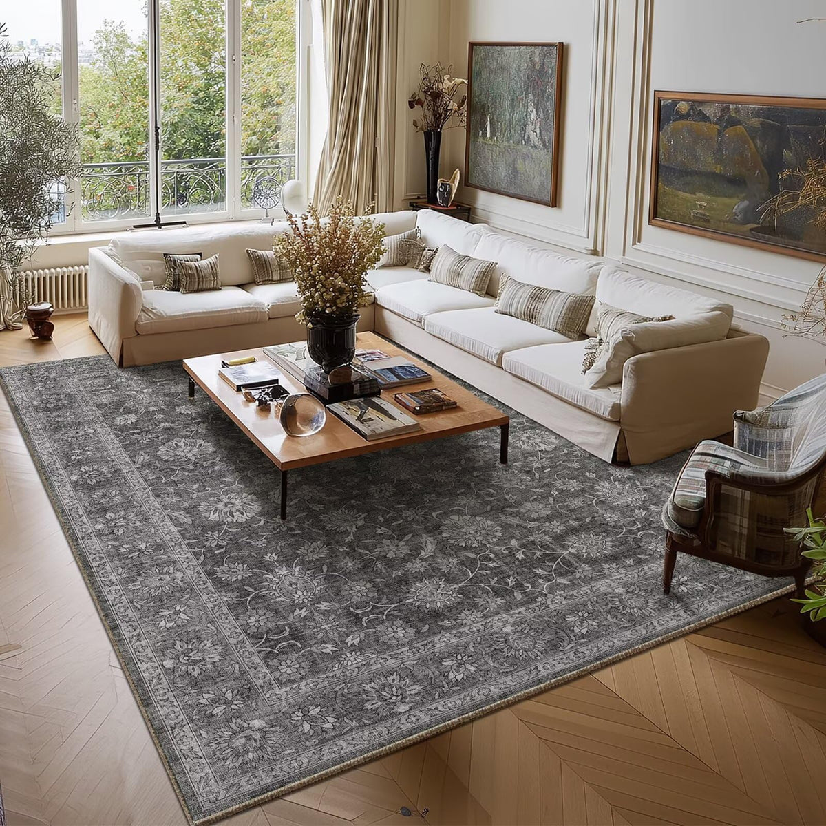 Washable 10x14 Area Rugs for Living Room, Ivory/Sage Gold