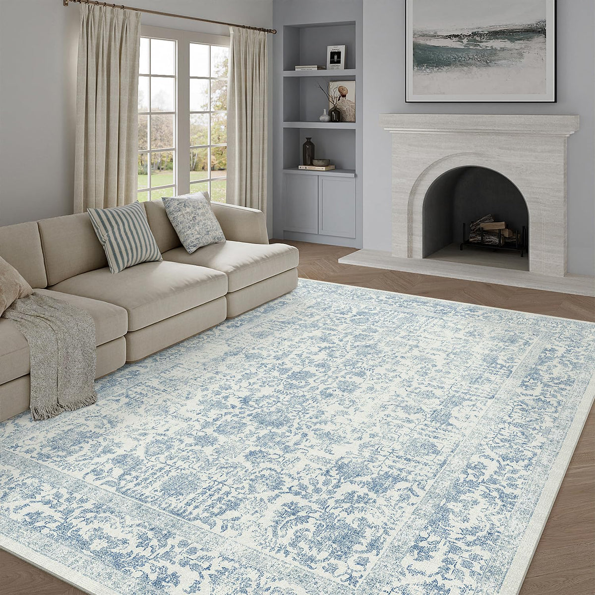 PureCozy Beige Area Rug 5x7 Vintage Farmhouse Floral