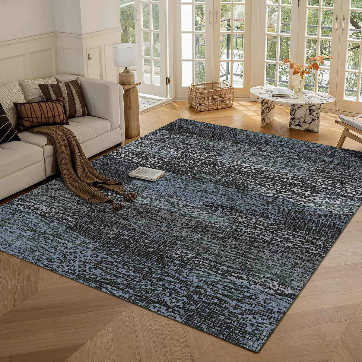 RUGSURE Washable Area Rug - 1/6 Thick - Stain & Water Resistant Non-Slip - Resistant Rug for Living Room, Bedroom, Nursery, Pet & Child Friendly, Vintage Charm Area Rugs (Grey+LightTeal, 3' x 5 ')