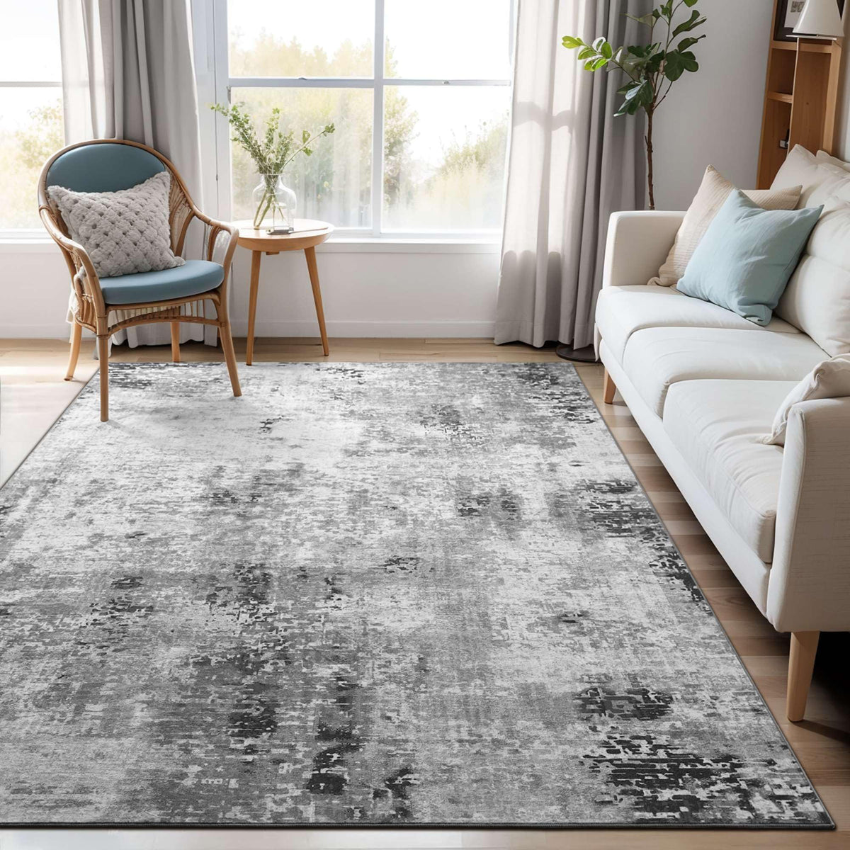 Living Room Rug 5x7 Gray Area Rug Machine Washable Boho Rug Non Slip Abstract Vintage Indoor Large Rugs for Bedroom, Classroom, College Dorm, Farmhouse, Dining Room, Kids Playroom
