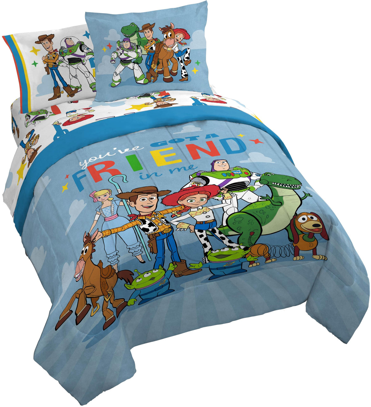 Jay Franco Kids Comforter Set Includes Sheets and Pillow Cover - Soft and Cozy Bed Set for Stylish Room Decor, Blue - Toy Story, 7 Piece Full