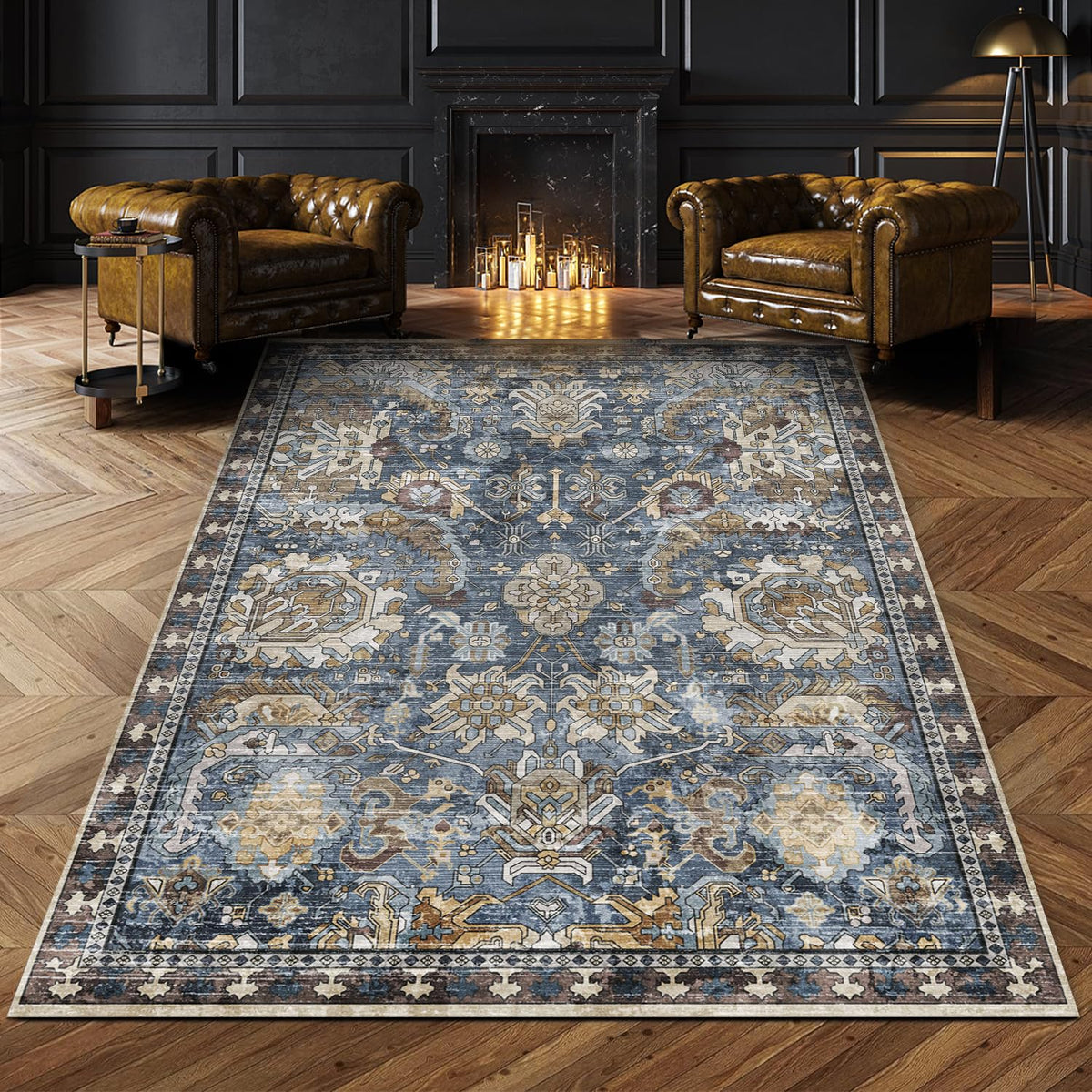 RUGSURE Washable Area Rug - 1/6 Thick - Stain & Water Resistant Non-Slip - Resistant Rug for Living Room, Bedroom, Nursery, Pet & Child Friendly, Vintage Charm Area Rugs (Grey+LightTeal, 3' x 5 ')