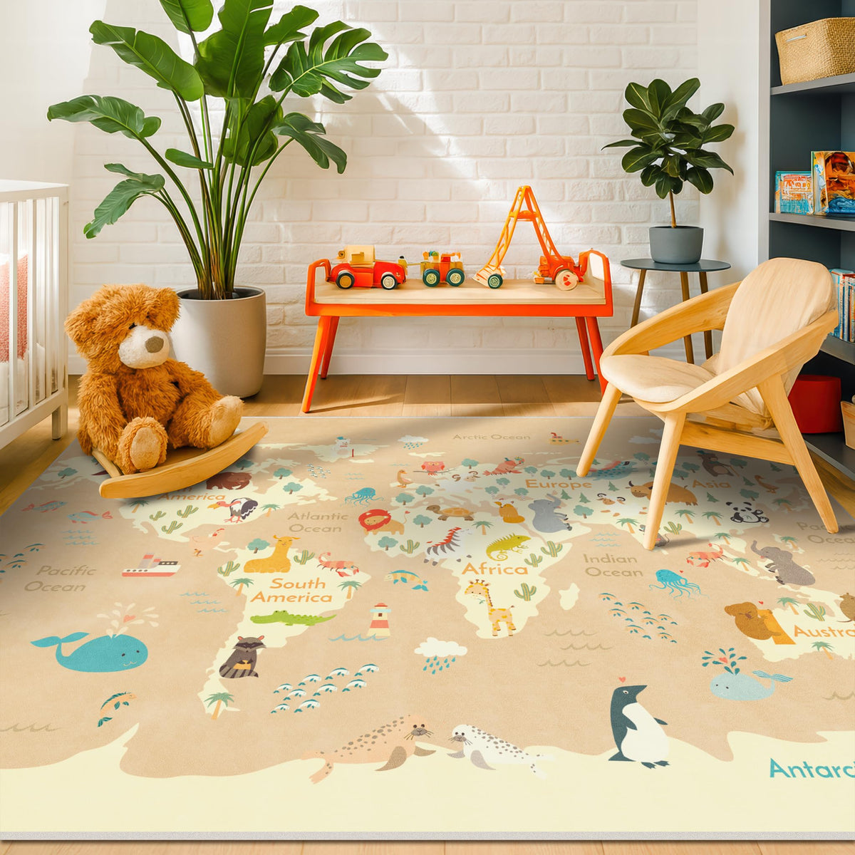 Hazo Haus Washable Kids Playroom Rug – 5x7 Play Rug for Preschool Toddlers, Girls, Educational with Cute Animals – Non-Slip, Stain Resistant, Soft & Safe for Bedroom, Play Room and Classroom - Blue