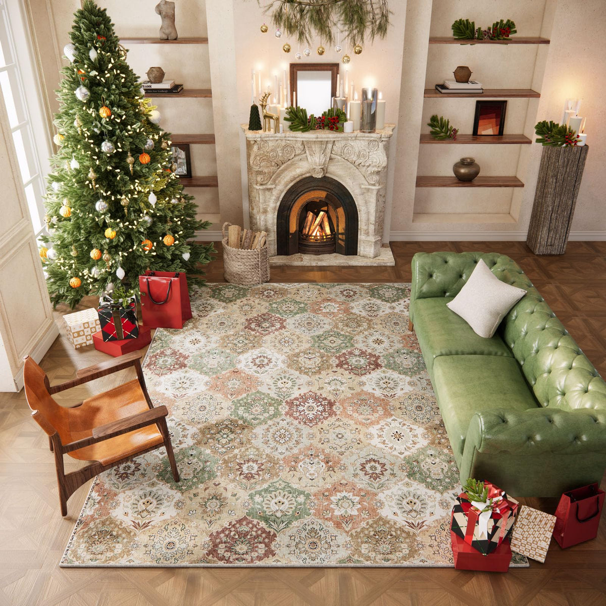 Washable 10x14 Area Rugs for Living Room, Ivory/Sage Gold
