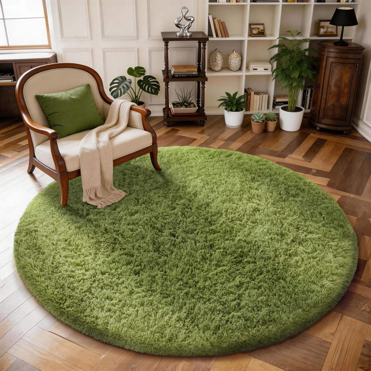 Ophanie Round Rugs 5Ft Ivory Circle Area Rug,Baby Nursery Living Room Bedroom Decor Circular Carpet 5 Foot,Fluffy Fuzzy Shag Plush Cream for Kids Boys Girls Teen with Over 99 pcs Pile fibers