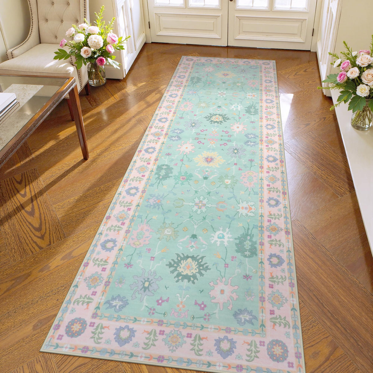 LIVEBOX Washable Oushak Rug Non Slip 8 x 10 Rugs for Living Room, Soft Turkish Rug for Bedroom, Boho Floral Mat Large Indoor Carprt for Kids Nursery, Dining Room, Home Office, Blue