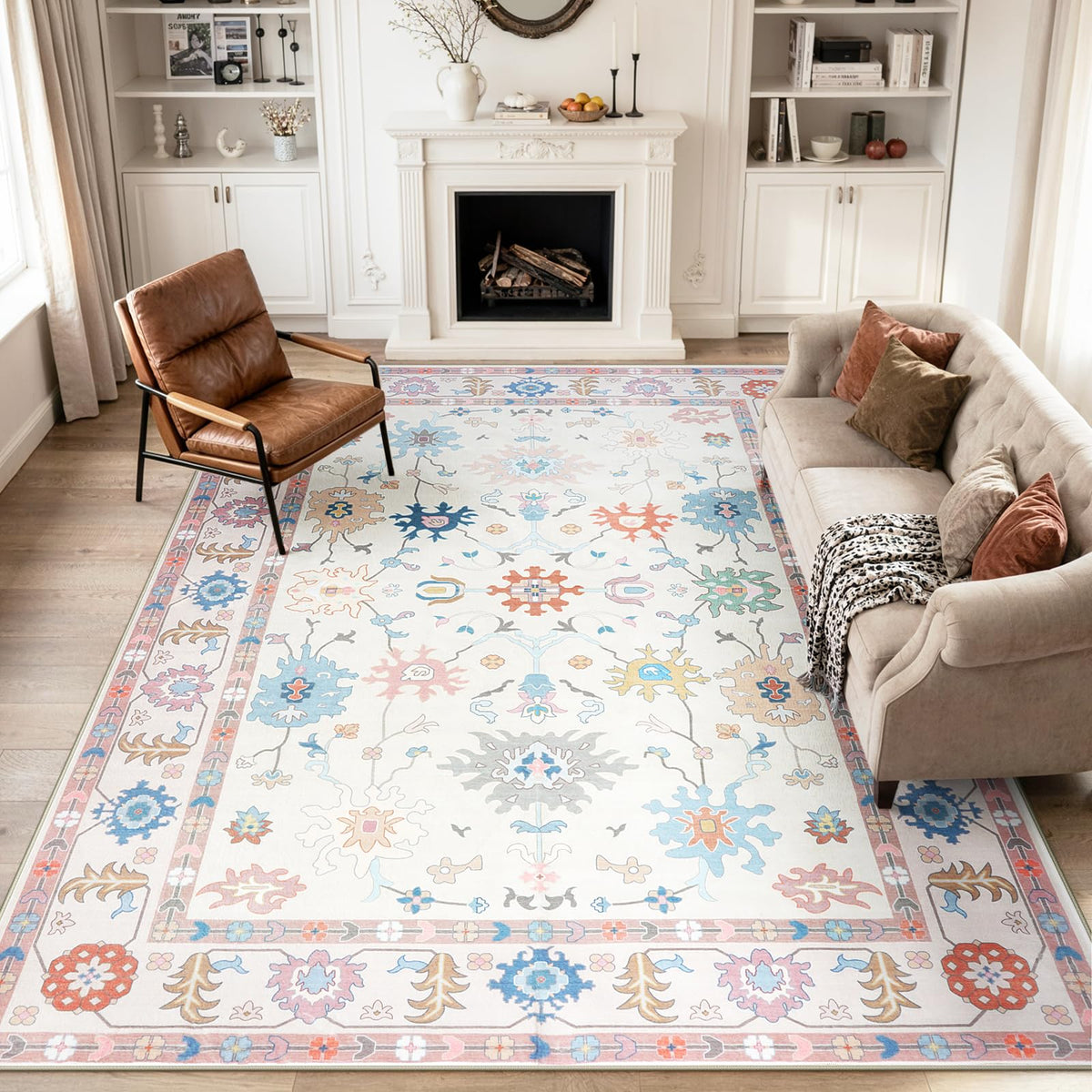 LIVEBOX Washable Oushak Rug Non Slip 8 x 10 Rugs for Living Room, Soft Turkish Rug for Bedroom, Boho Floral Mat Large Indoor Carprt for Kids Nursery, Dining Room, Home Office, Blue