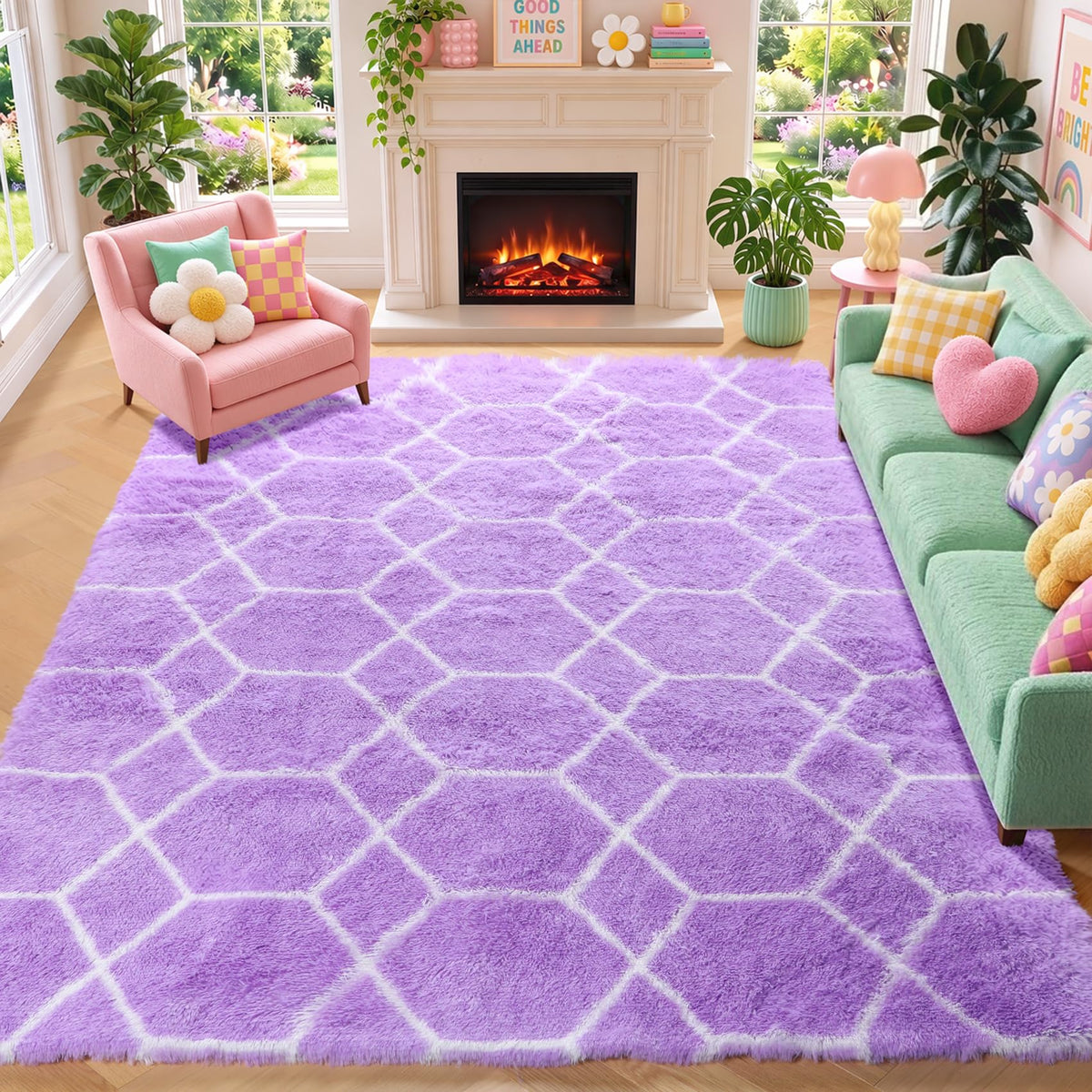 Area Rugs for Bedroom Living Room, 4x6 Fluffy Grey and Black Geometric Rug