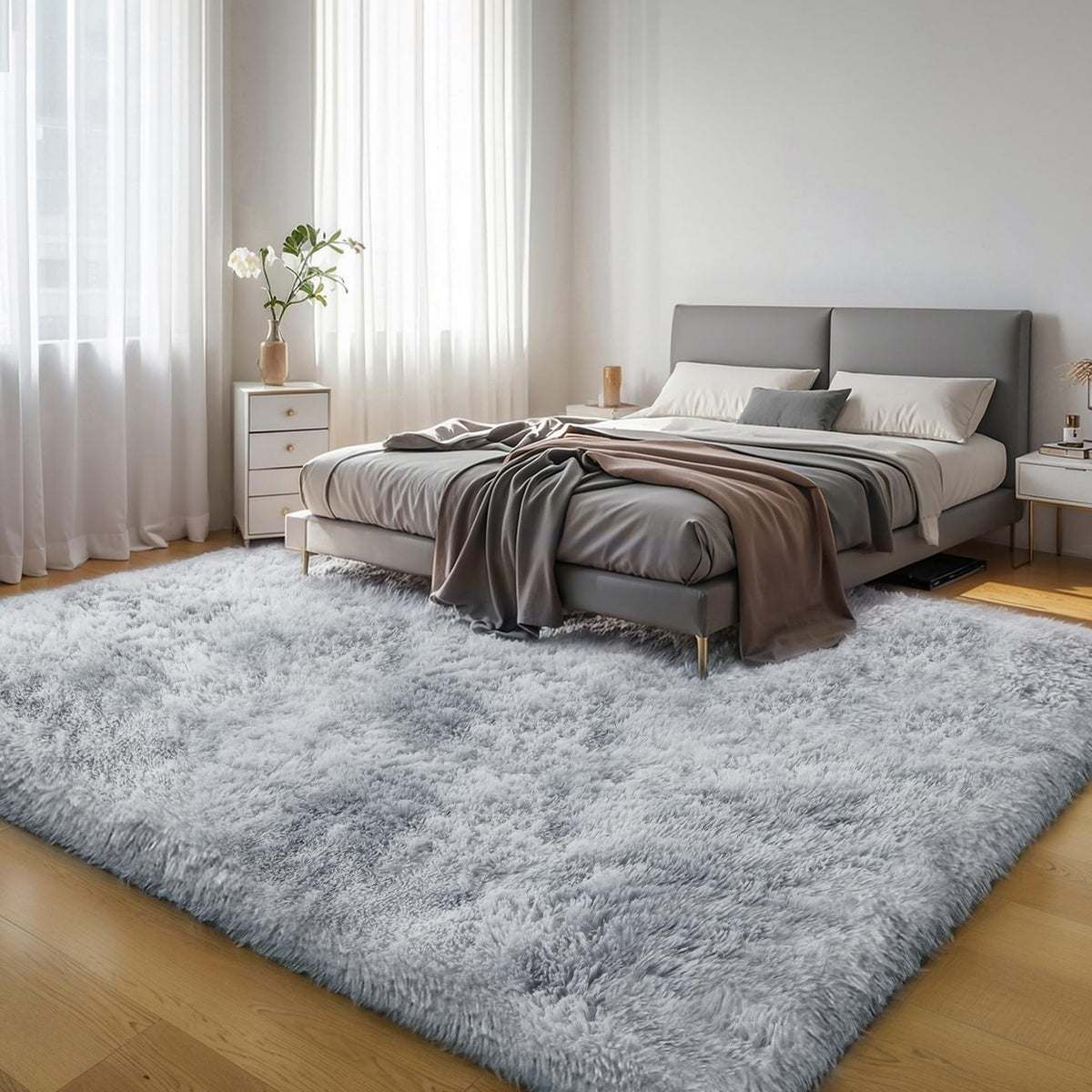 4x6 Light Grey Fluffy Shag Rug for Bedroom, Plush Washable Carpet