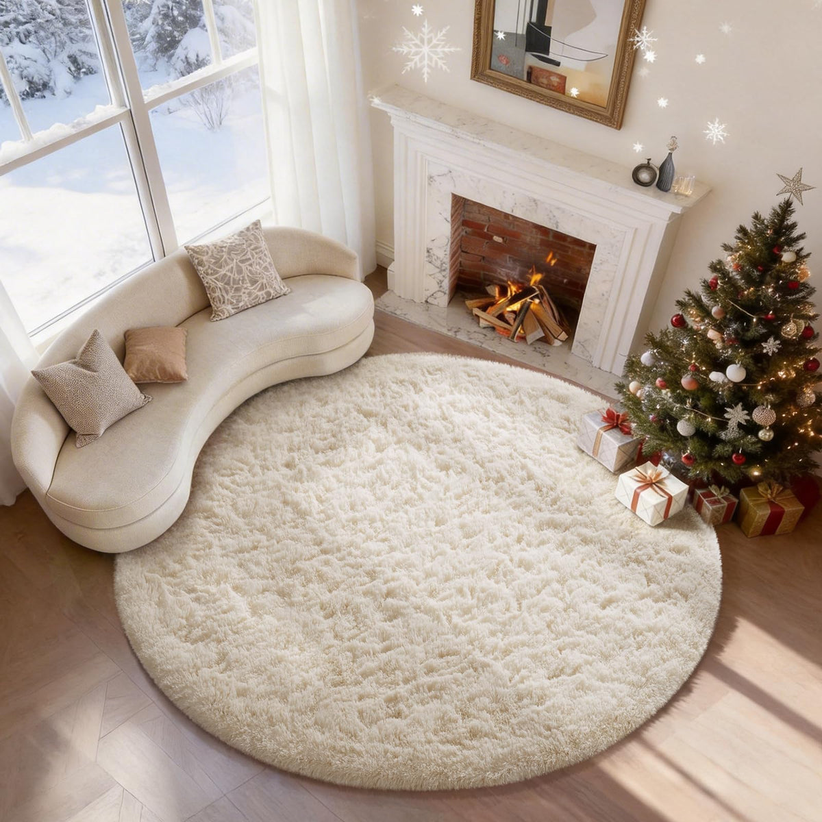 Ophanie Round Rugs 5Ft Ivory Circle Area Rug,Baby Nursery Living Room Bedroom Decor Circular Carpet 5 Foot,Fluffy Fuzzy Shag Plush Cream for Kids Boys Girls Teen with Over 99 pcs Pile fibers
