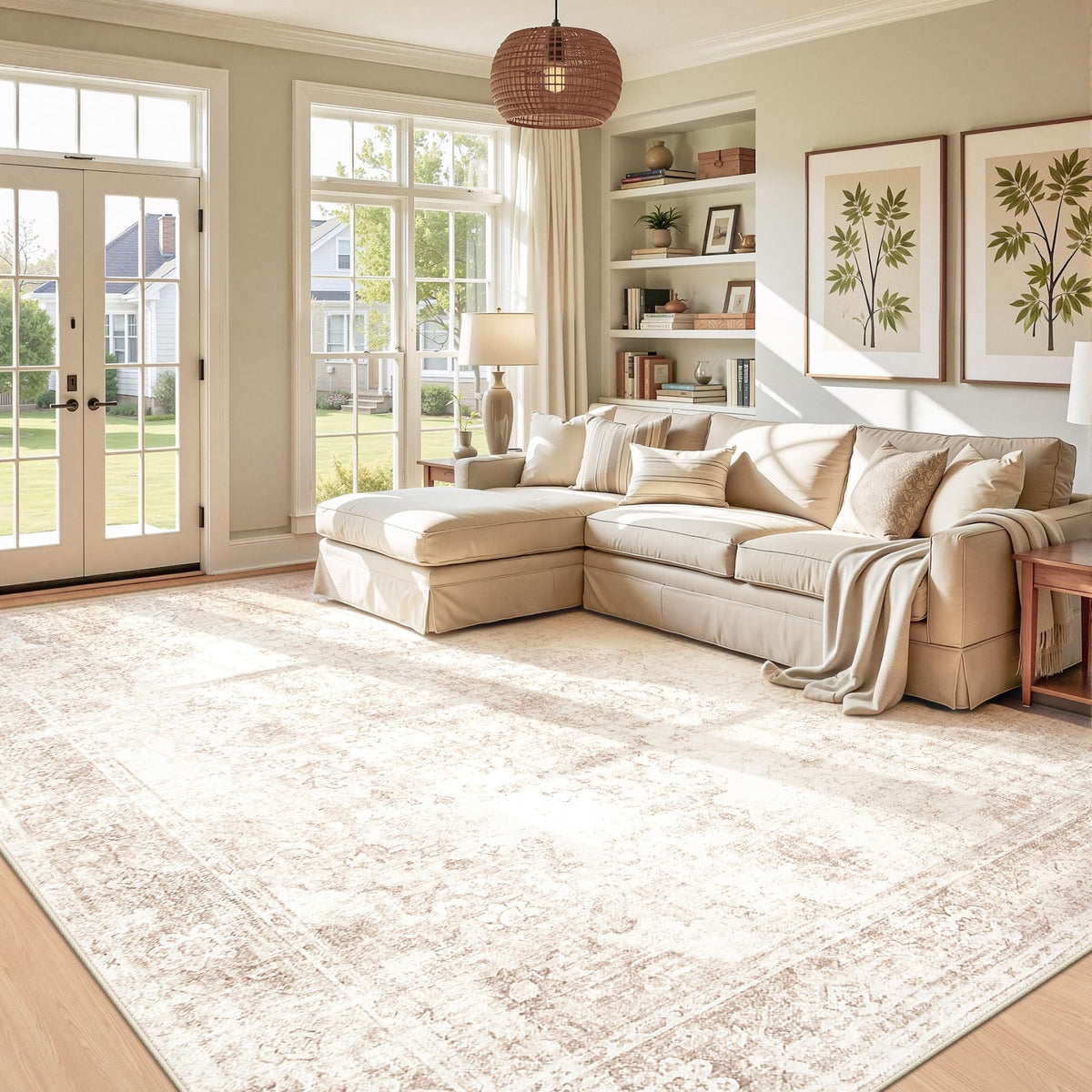 Area Rug 5x7 Vintage Rug: Washable Indoor Medallion Rugs Low Pile Distressed Floor Carpet Retro Accent Rug for Living Room Bedroom Kitchen Dining Table Home Office(Beige, 5'x7')