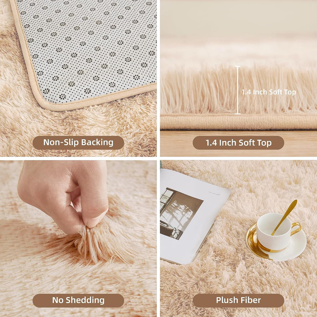 Litanika 4x6 Shag Area Rug for Bedroom, Tie-Dyed Beige Plush Rug