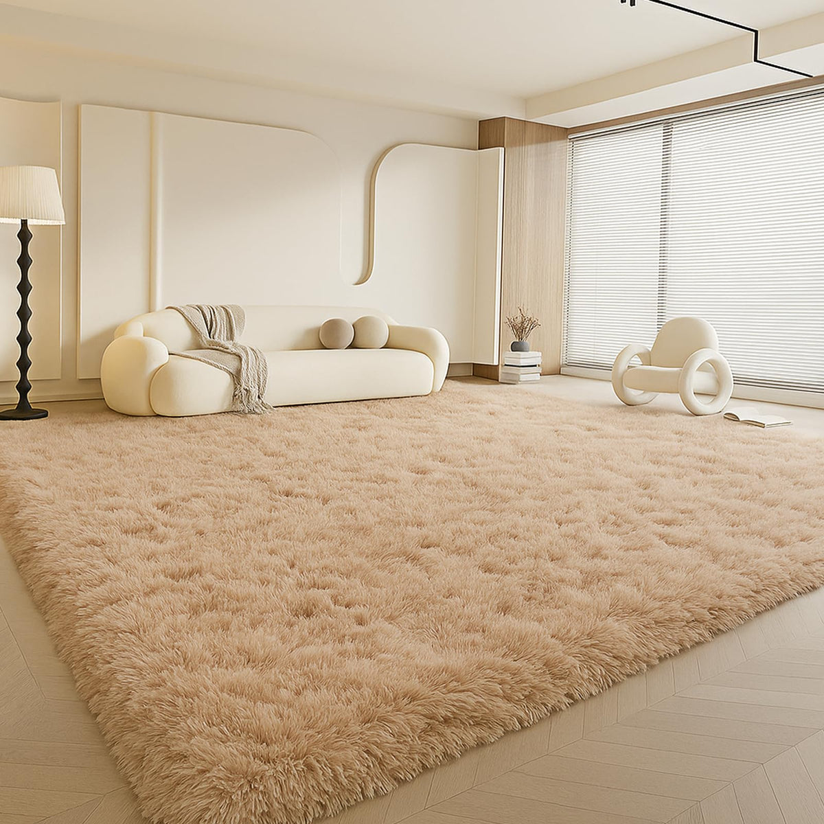 8x10 Cream Fluffy Shag Area Rug, Non-Slip Soft Carpet for Home