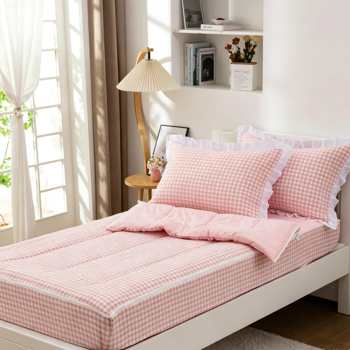 Aimuan Zipper Bedding Twin Zip Up Bedding Set Pink Checked Plaid 3 Pcs Zippered Bedding Twin Comforter Bed in a Bag with Fitted Sheet and 2 Pcs Pillowcases (Pink-Green,Twin)