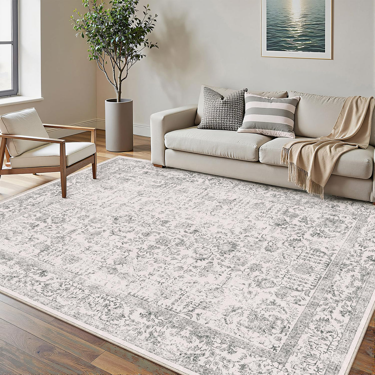 PureCozy Beige Area Rug 5x7 Vintage Farmhouse Floral