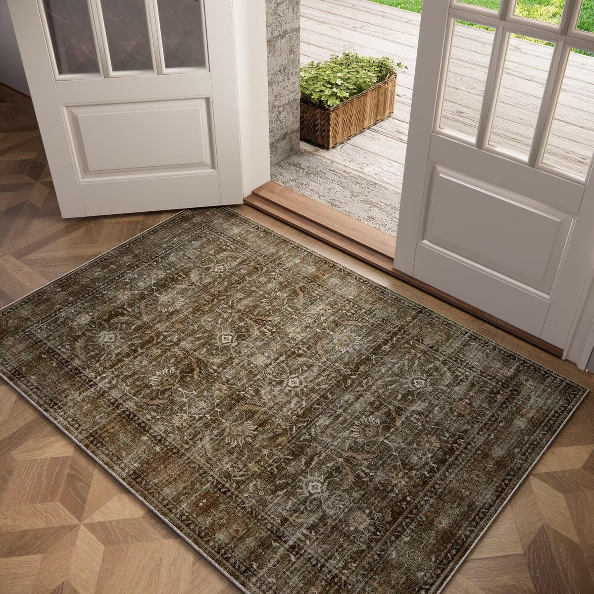 Washable 10x14 Area Rugs for Living Room, Ivory/Sage Gold