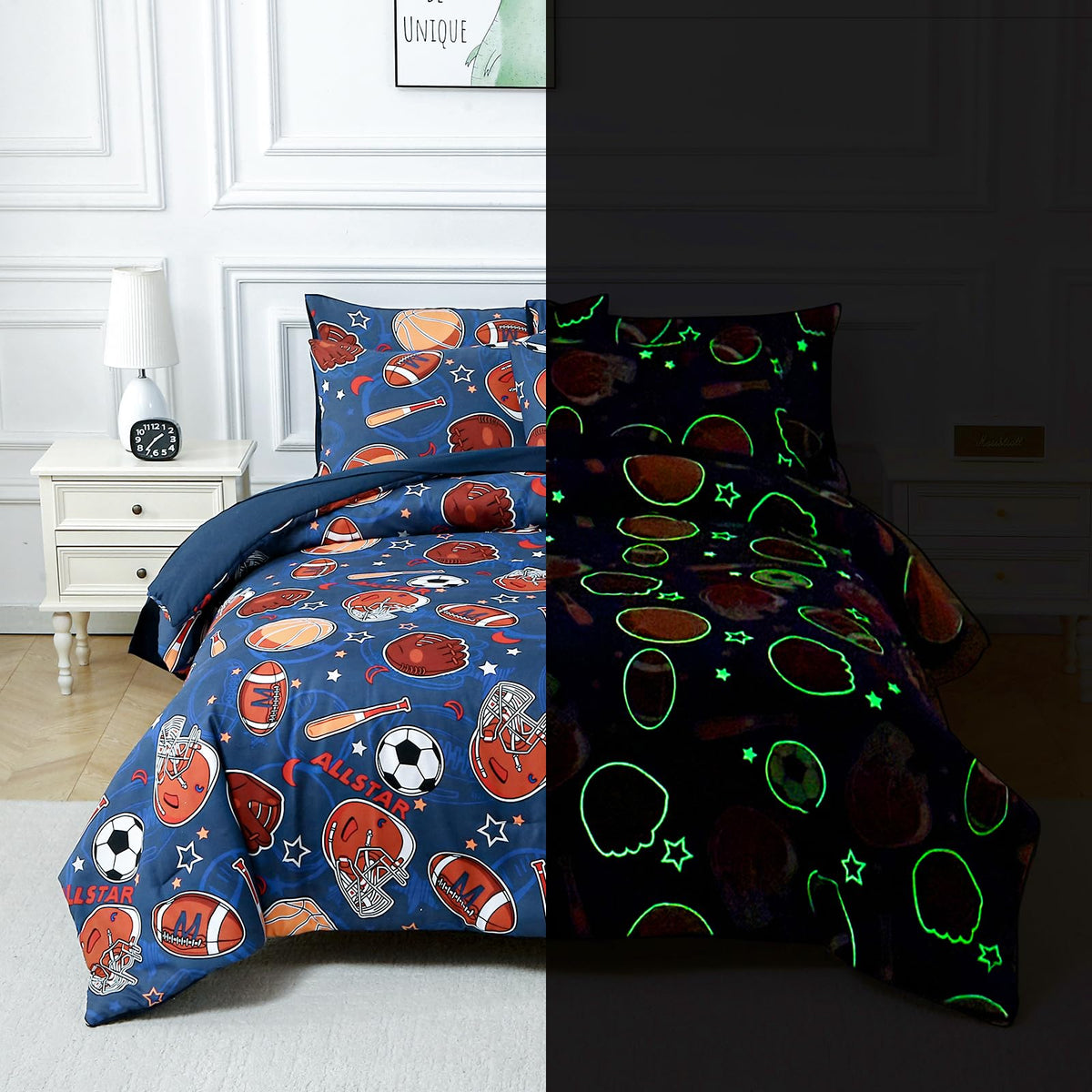 Glow in The Dark Kids Comforter Set, 3 Pieces Blue Space Bedding Set Twin Size for Boys Girls Teen, 1 Comforter, 1 Pillowcase, 1 Pillow Sham