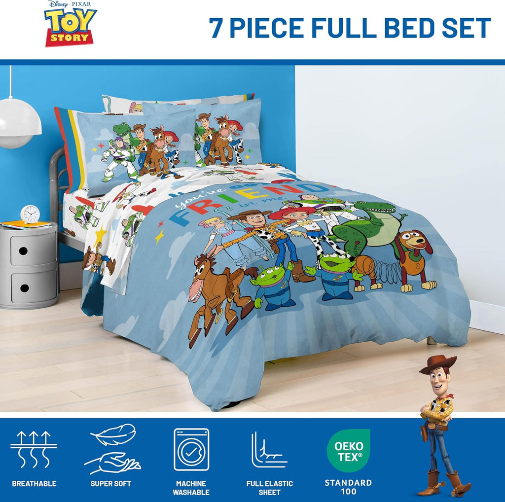 Jay Franco Kids Comforter Set Includes Sheets and Pillow Cover - Soft and Cozy Bed Set for Stylish Room Decor, Blue - Toy Story, 7 Piece Full