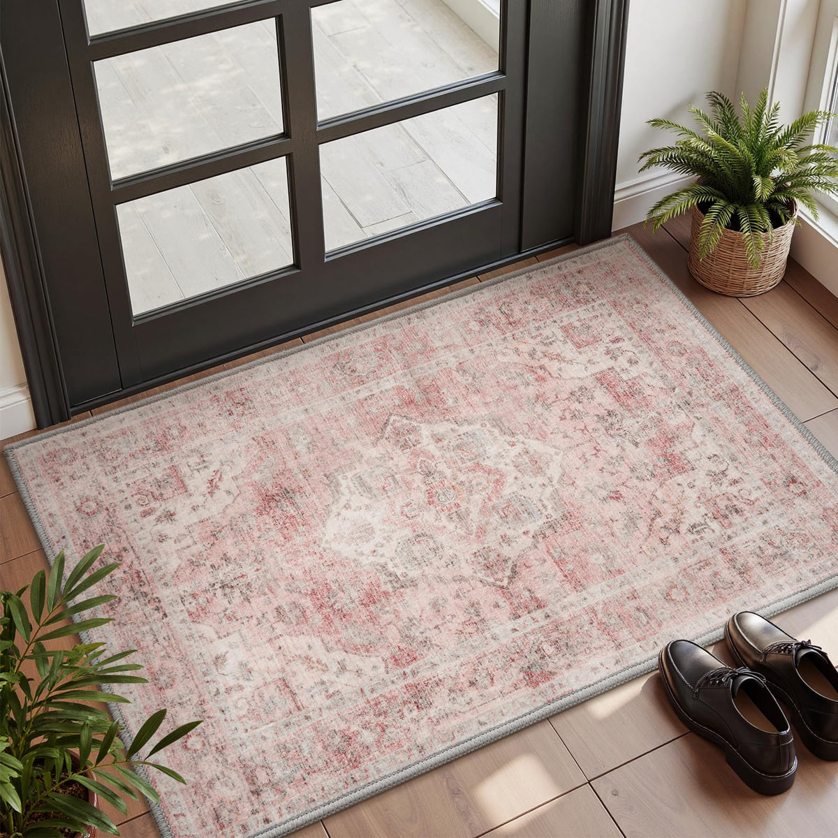 AMOAMI-Area Rug 5X7 Rugs for Living Room-Vintage Soft Beige Rugs for Bedroom-Non Slip Carpet-Machine Washable Rug for Dining Room Living Room Bedroom Office Under Table-Beige
