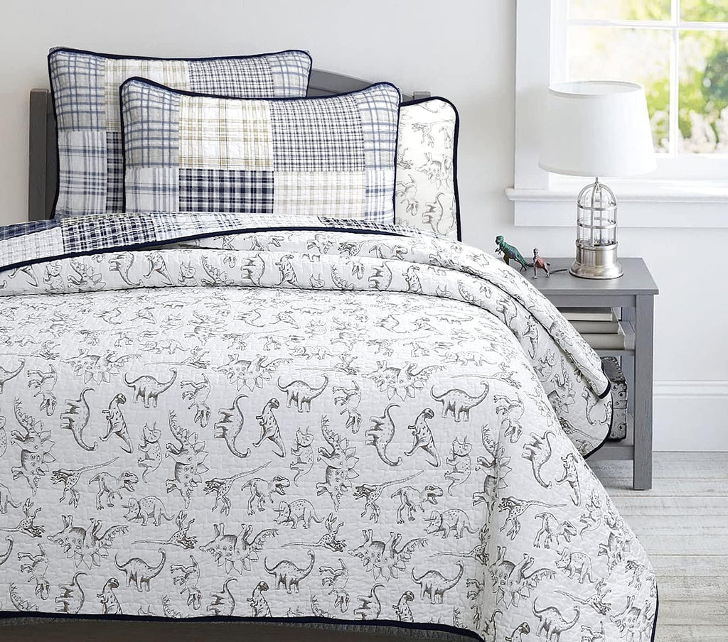Cozy Line Home Fashions Benjamin Cute Dinosaur Plaid Navy Blue White Grey Bedding Quilt Set 100% Cotton Reversible Coverlet Bedspread Set for Kids Boy(Twin - 2 piece)