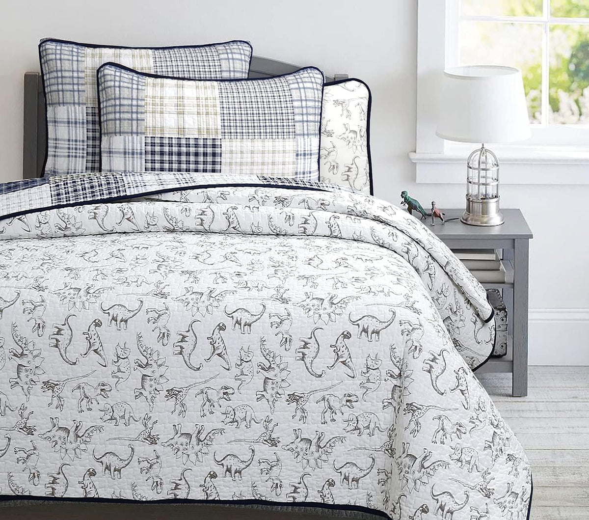 Cozy Line Home Fashions Benjamin Cute Dinosaur Plaid Navy Blue White Grey Bedding Quilt Set 100% Cotton Reversible Coverlet Bedspread Set for Kids Boy(Twin - 2 piece)