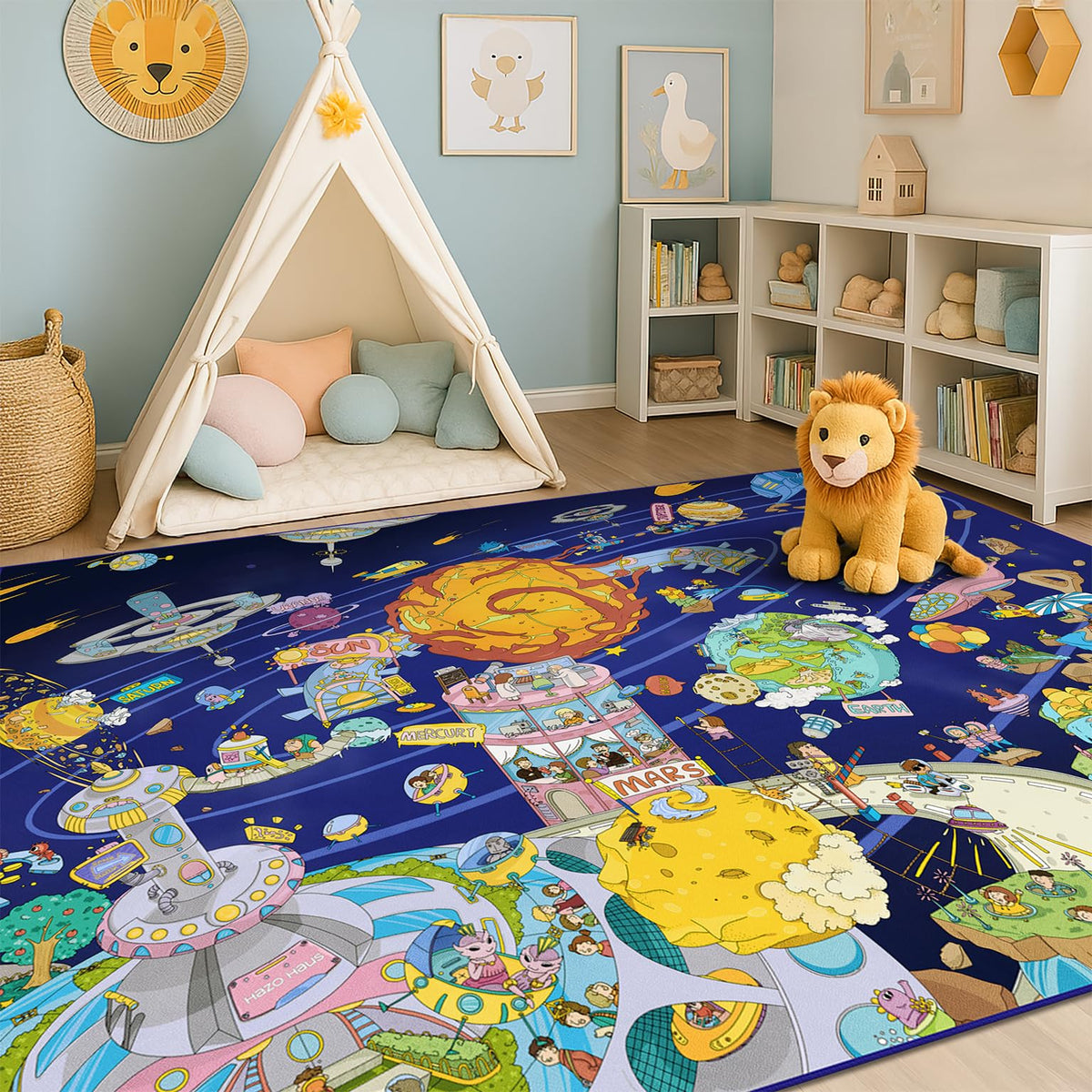 Hazo Haus Washable Kids Playroom Rug – 5x7 Play Rug for Preschool Toddlers, Girls, Educational with Cute Animals – Non-Slip, Stain Resistant, Soft & Safe for Bedroom, Play Room and Classroom - Blue