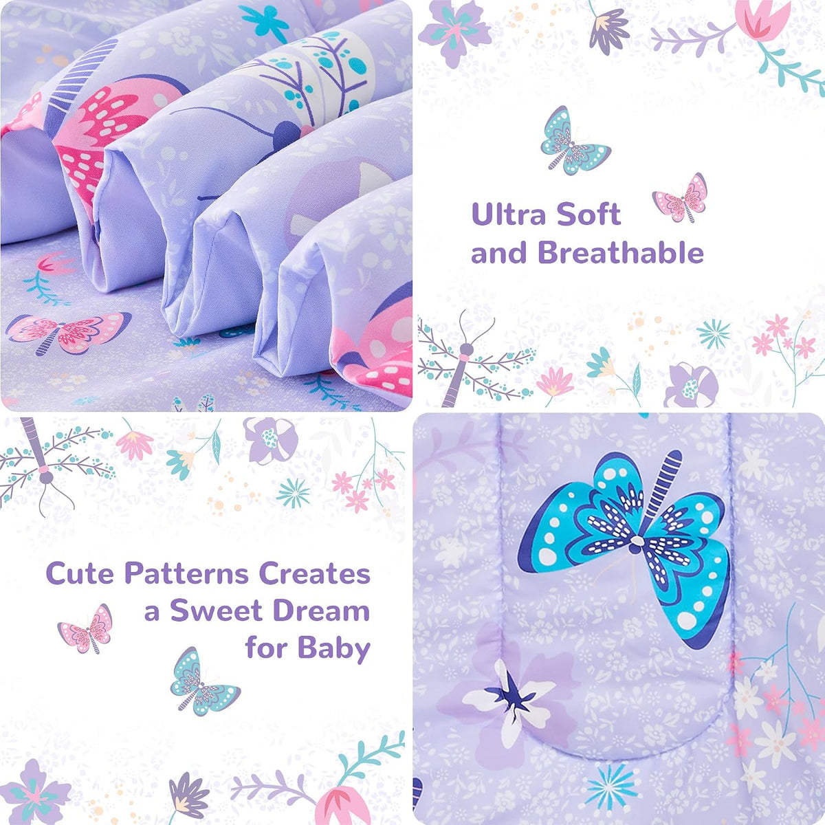 lasoftan Butterfly Toddler Bedding Set for Girls, 4 Piece Bed-in-a-Bag Toddler Comforter Sets, Super Soft Comforter Sheet Set and Comfortable Microfiber Toddler Bed Set