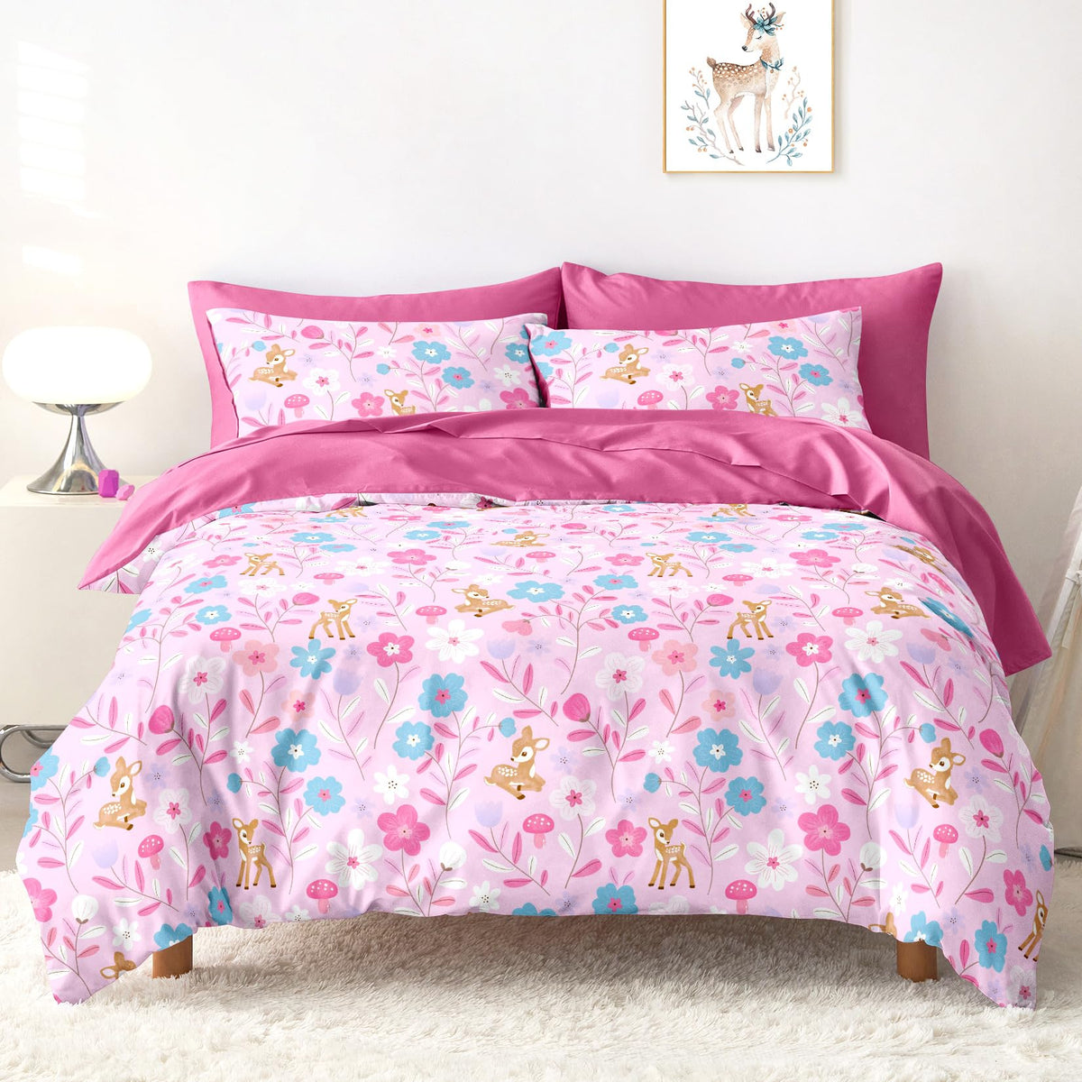 Wake In Cloud - Floral Bedding Set for Girls, Cute Colorful Botanical Flowers Deers Patterned Soft Lightweight Comforter Set with Sheets, 5 Pieces Kids Bed in a Bag, Green Cream, Twin Size