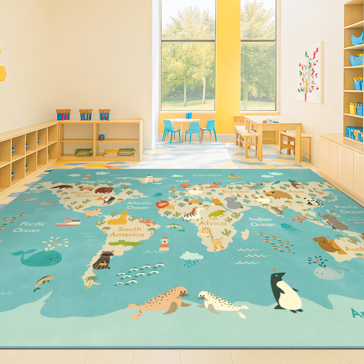 Hazo Haus Washable Kids Playroom Rug – 5x7 Play Rug for Preschool Toddlers, Girls, Educational with Cute Animals – Non-Slip, Stain Resistant, Soft & Safe for Bedroom, Play Room and Classroom - Blue