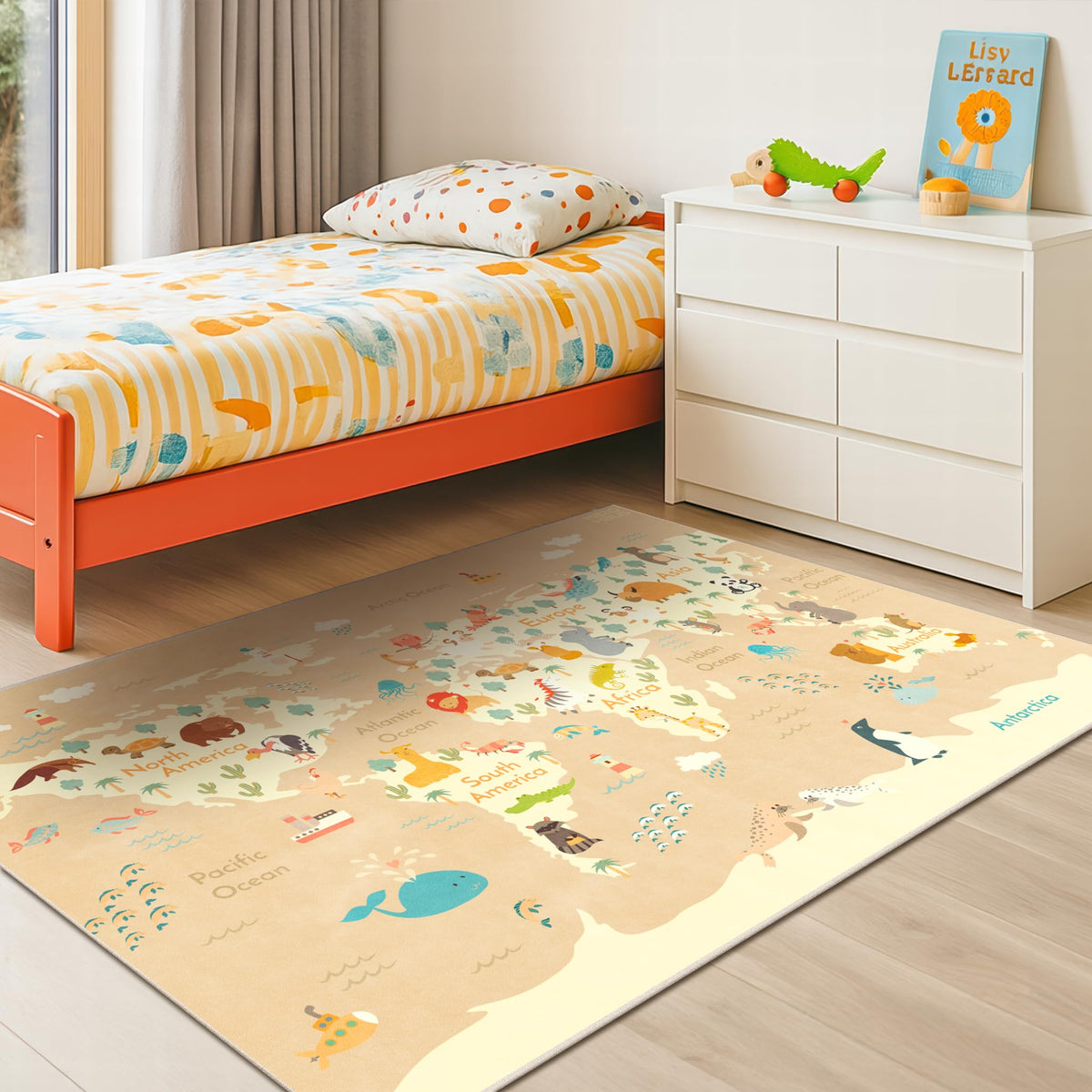 Hazo Haus Washable Kids Playroom Rug – 5x7 Play Rug for Preschool Toddlers, Girls, Educational with Cute Animals – Non-Slip, Stain Resistant, Soft & Safe for Bedroom, Play Room and Classroom - Blue