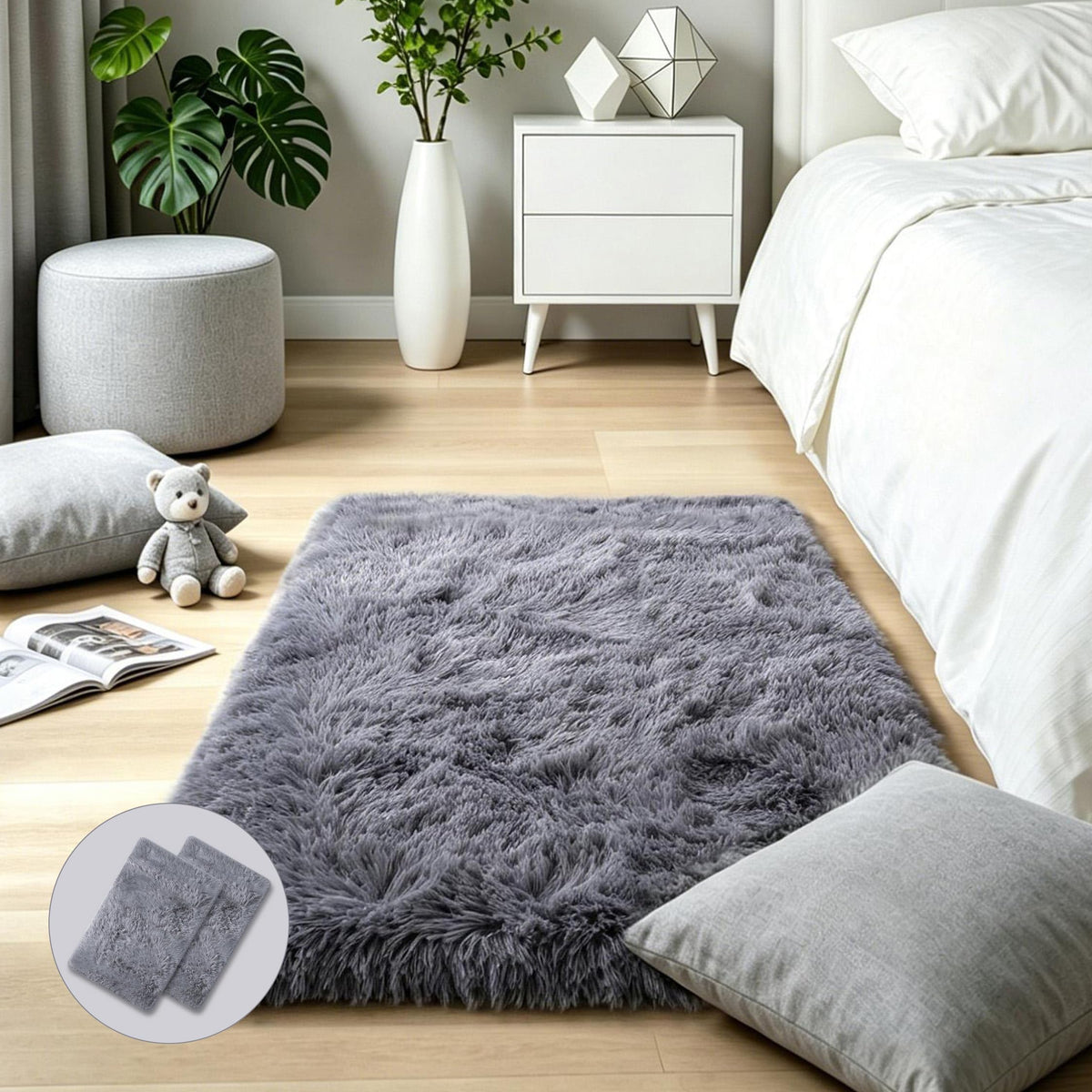 4x6 Light Grey Fluffy Shag Rug for Bedroom, Plush Washable Carpet