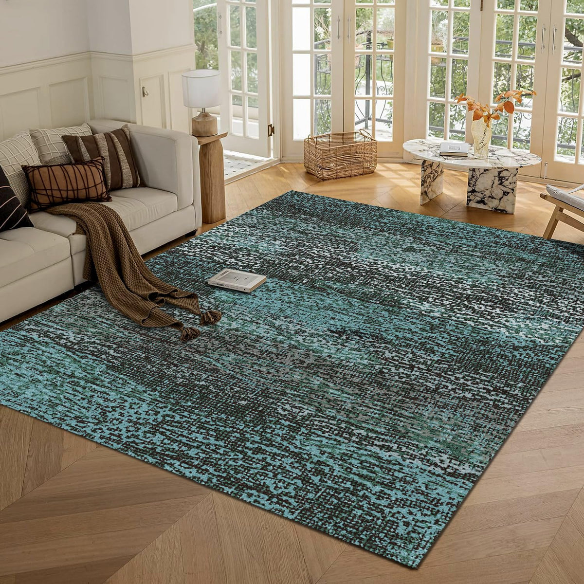 RUGSURE Washable Area Rug - 1/6 Thick - Stain & Water Resistant Non-Slip - Resistant Rug for Living Room, Bedroom, Nursery, Pet & Child Friendly, Vintage Charm Area Rugs (Grey+LightTeal, 3' x 5 ')