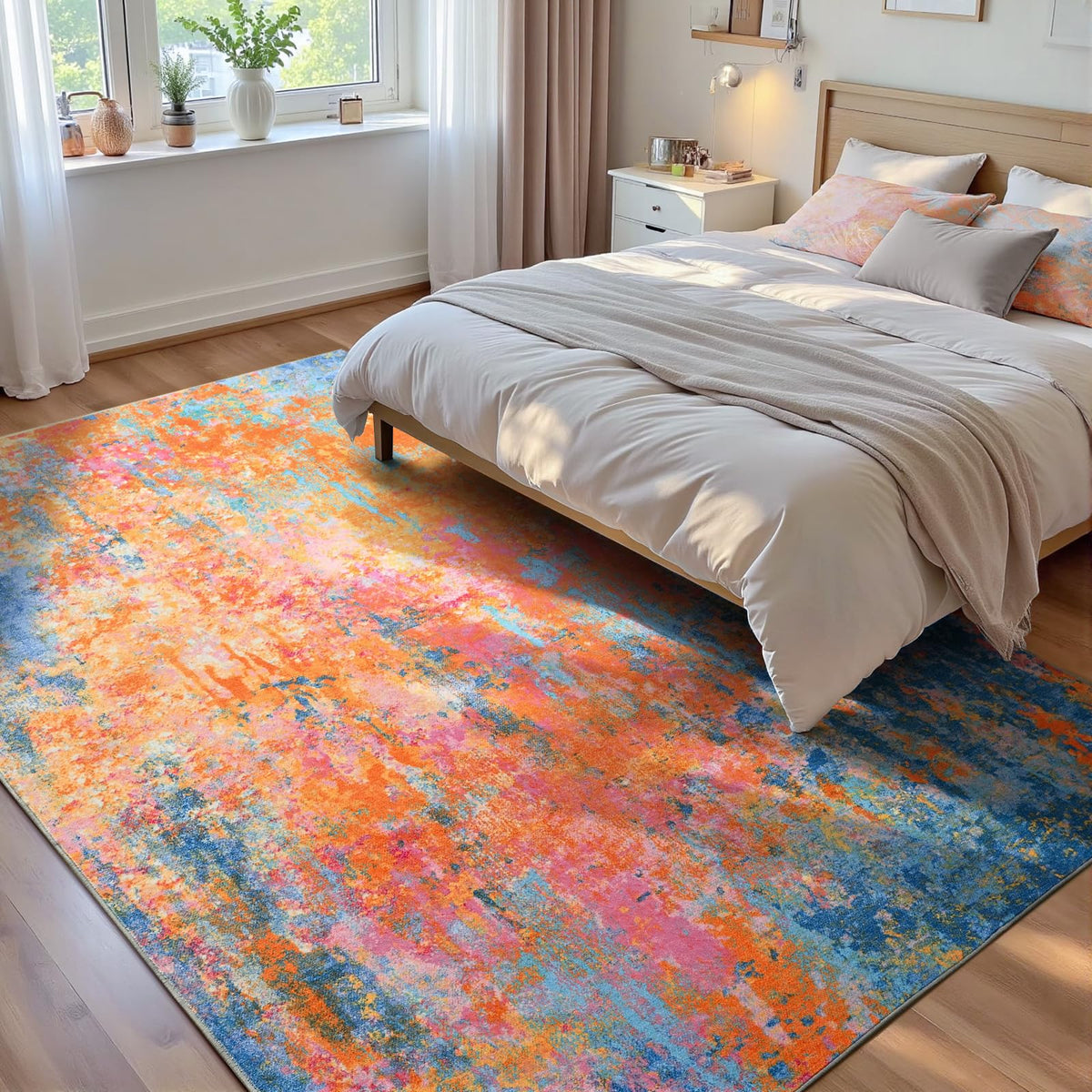 Living Room Rug 5x7 Gray Area Rug Machine Washable Boho Rug Non Slip Abstract Vintage Indoor Large Rugs for Bedroom, Classroom, College Dorm, Farmhouse, Dining Room, Kids Playroom