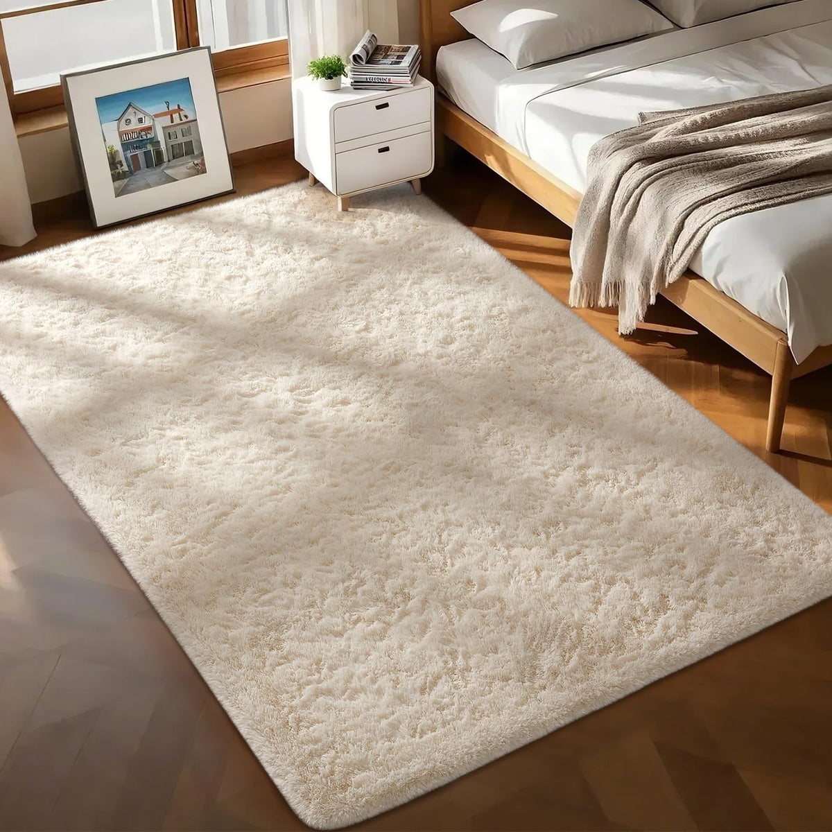 Ophanie Round Rugs 5Ft Ivory Circle Area Rug,Baby Nursery Living Room Bedroom Decor Circular Carpet 5 Foot,Fluffy Fuzzy Shag Plush Cream for Kids Boys Girls Teen with Over 99 pcs Pile fibers