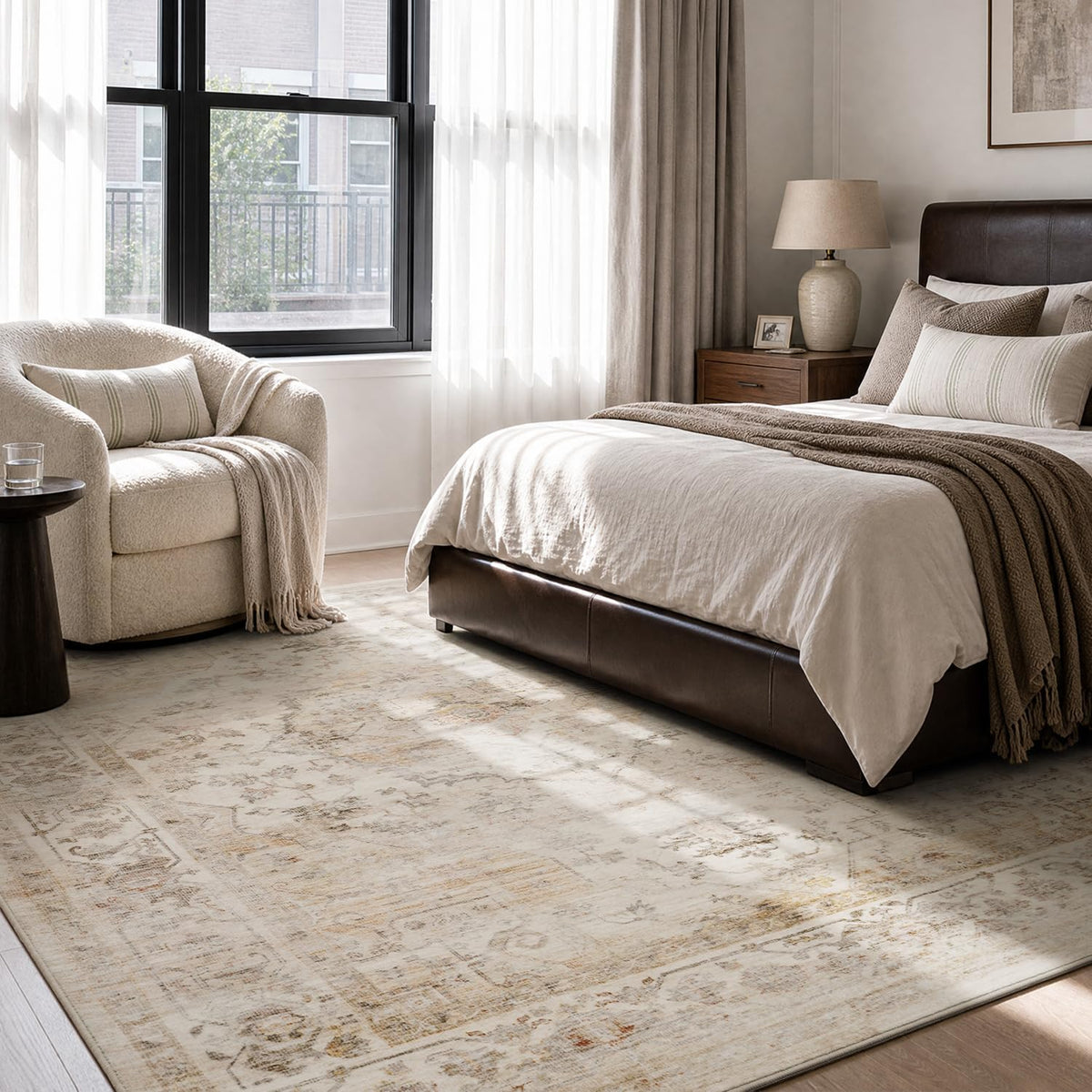 AMOAMI-Area Rug 5X7 Rugs for Living Room-Vintage Soft Beige Rugs for Bedroom-Non Slip Carpet-Machine Washable Rug for Dining Room Living Room Bedroom Office Under Table-Beige