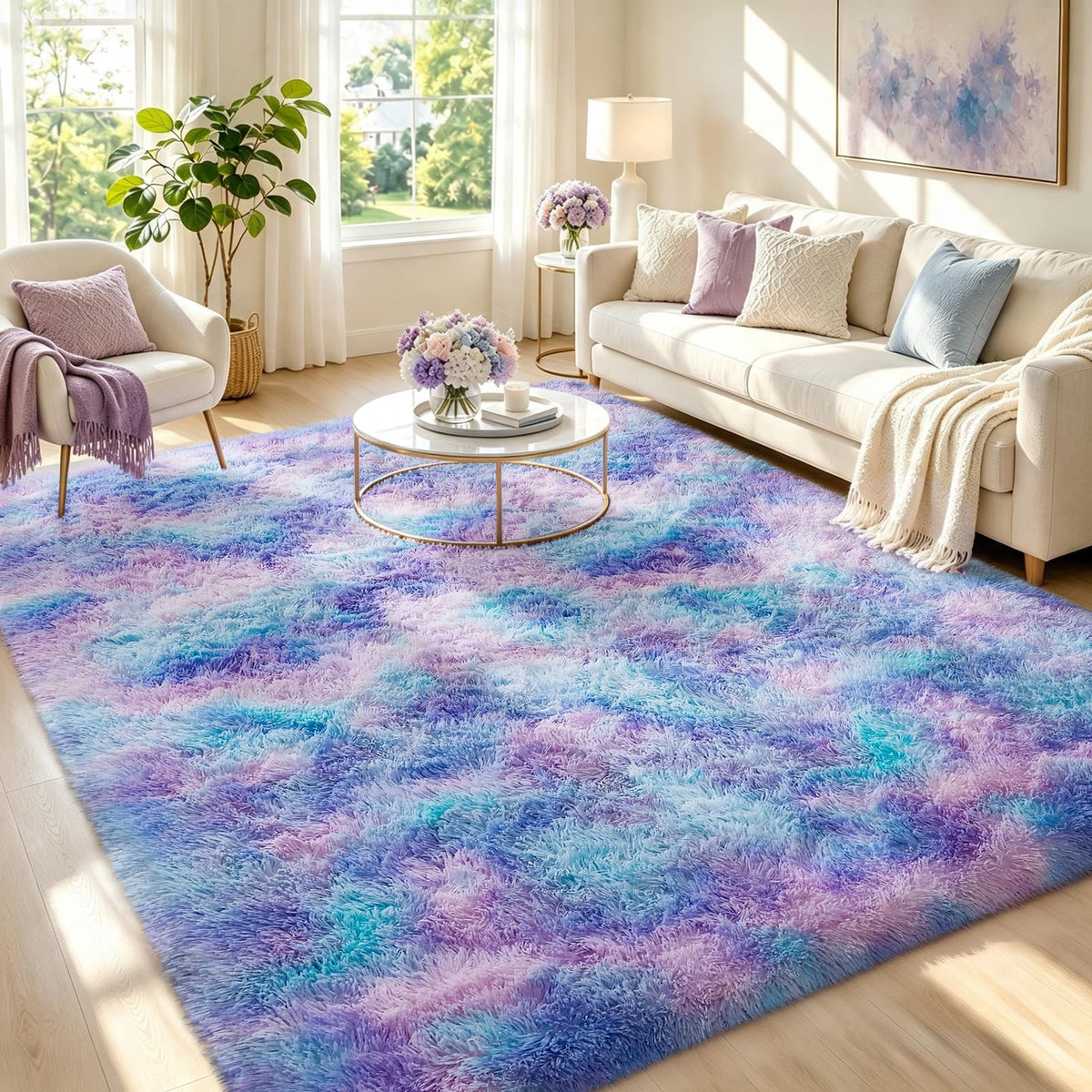 Ophanie Round Rugs 5Ft Ivory Circle Area Rug,Baby Nursery Living Room Bedroom Decor Circular Carpet 5 Foot,Fluffy Fuzzy Shag Plush Cream for Kids Boys Girls Teen with Over 99 pcs Pile fibers