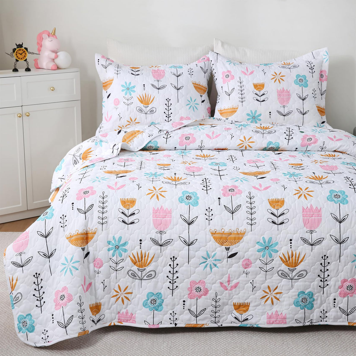 Dinosaur Space Rocket Themed Quilt Set Full Size for Boys,3 Pieces