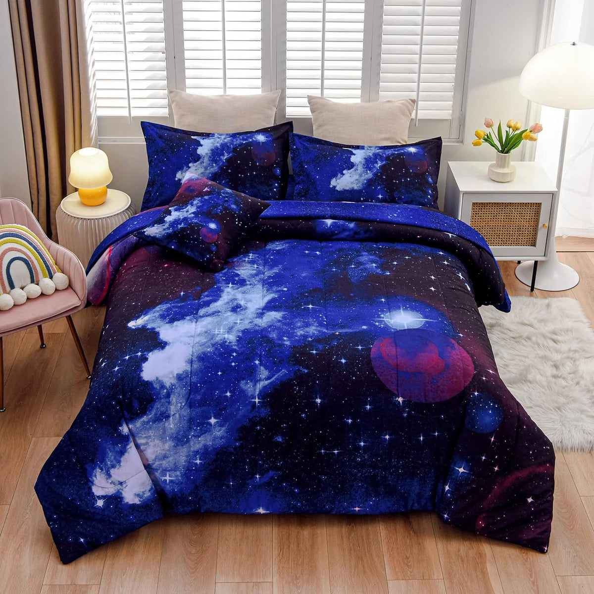 A Nice Night 3D Galaxy 6Pcs Twin Kids Bedding Outer Space Comforter Set