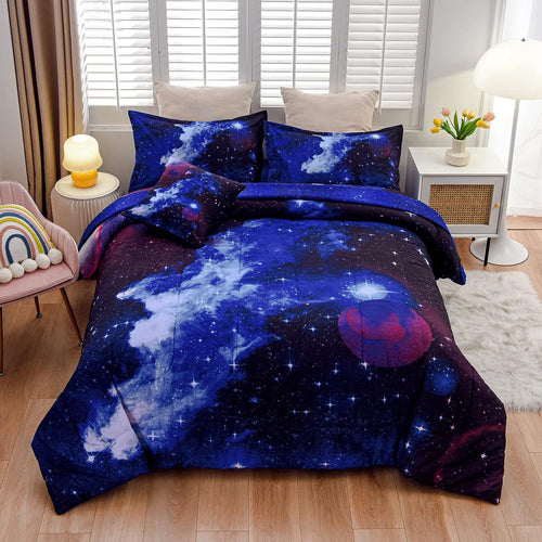 A Nice Night 3D Galaxy 6Pcs Twin Kids Bedding Outer Space Comforter Set